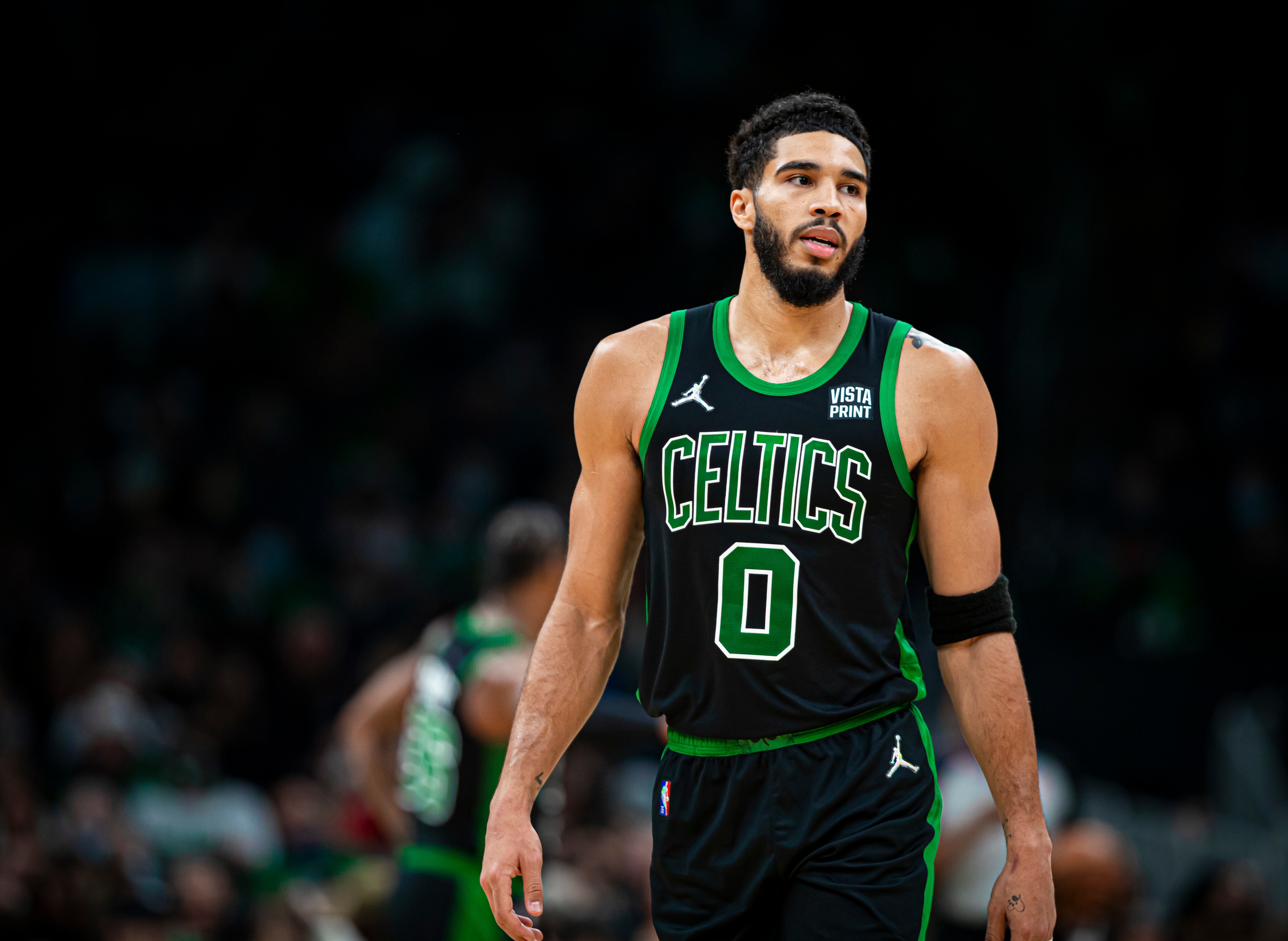 BOSTON, MA - NOVEMBER 20: Jayson Tatum #0 of the Boston Celtics looks on against the Oklahoma City Thunder on November 20, 2021 at the TD Garden in Boston, Massachusetts. NOTE TO USER: User expressly acknowledges and agrees that, by downloading and or using this photograph, User is consenting to the terms and conditions of the Getty Images License Agreement. Mandatory Copyright Notice: Copyright 2021 NBAE (Photo by Zach Beeker/NBAE via Getty Images)