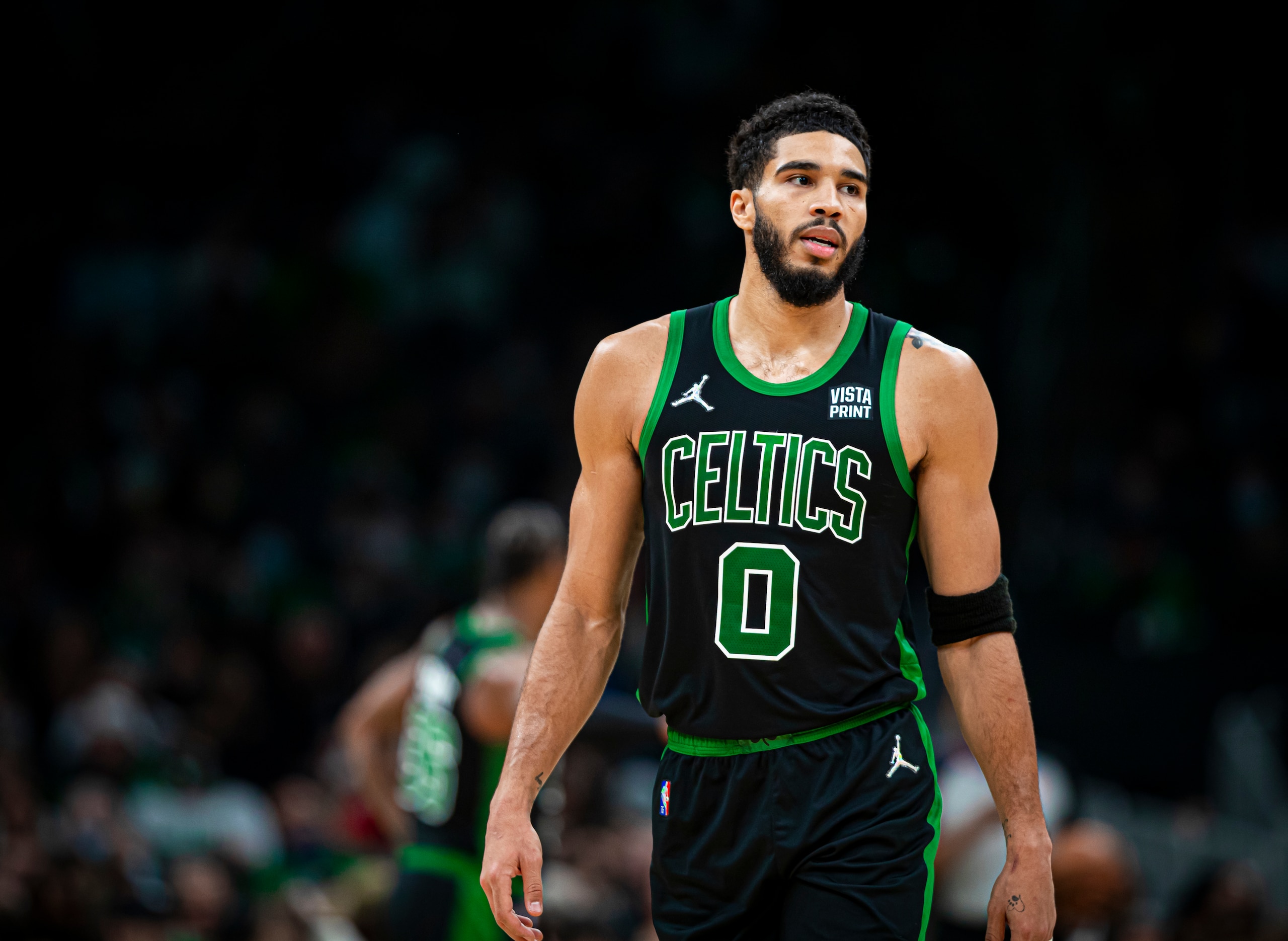 BOSTON, MA - NOVEMBER 20: Jayson Tatum #0 of the Boston Celtics looks on against the Oklahoma City Thunder on November 20, 2021 at the TD Garden in Boston, Massachusetts. NOTE TO USER: User expressly acknowledges and agrees that, by downloading and or using this photograph, User is consenting to the terms and conditions of the Getty Images License Agreement. Mandatory Copyright Notice: Copyright 2021 NBAE (Photo by Zach Beeker/NBAE via Getty Images)