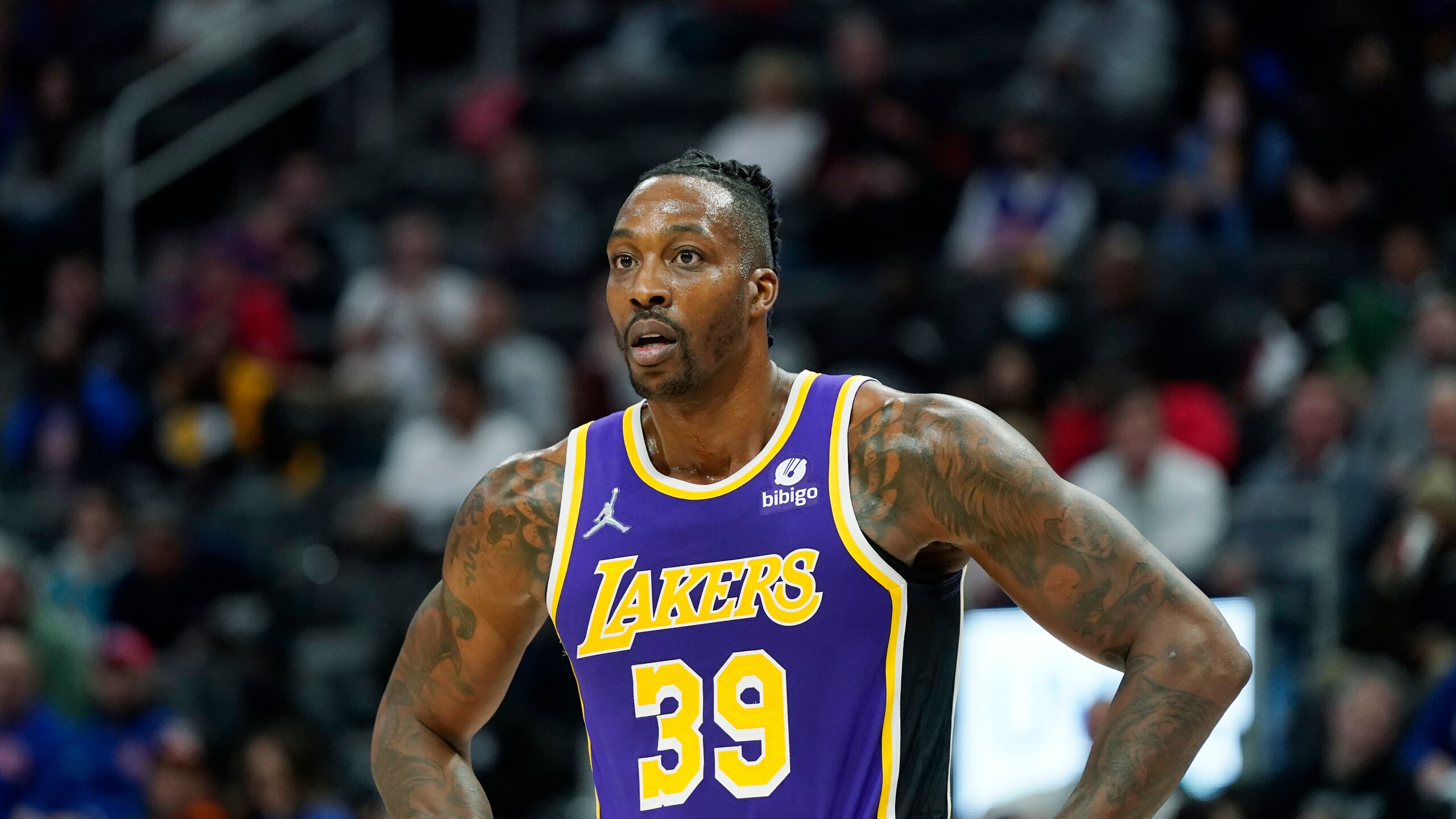 Los Angeles Lakers center Dwight Howard plays during the first half of an NBA basketball game, Sunday, Nov. 21, 2021, in Detroit. (AP Photo/Carlos Osorio)