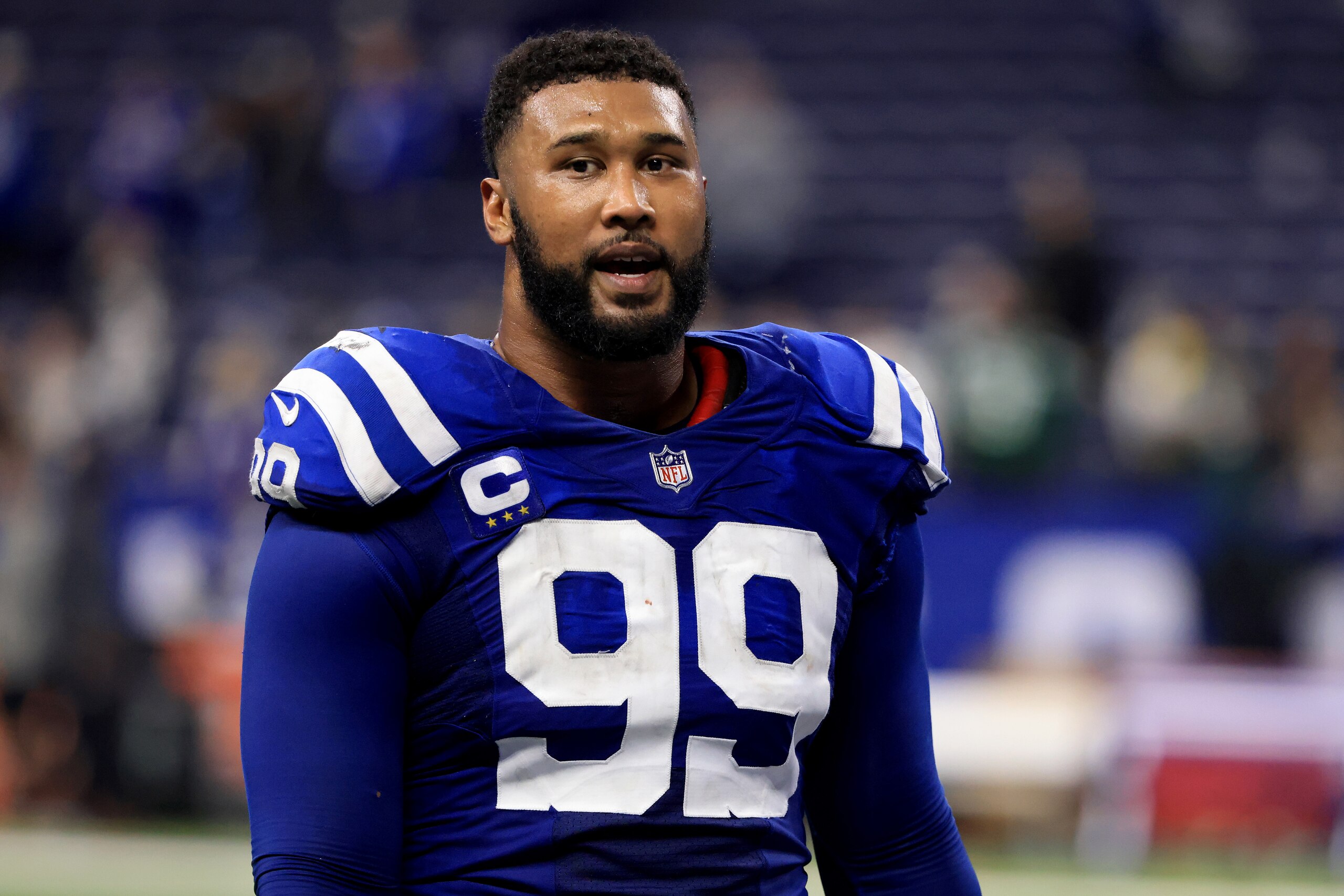 INDIANAPOLIS, INDIANA - NOVEMBER 04: DeForest Buckner #99 of the Indianapolis Colts walks off the field after a the game against the New York Jets at Lucas Oil Stadium on November 04, 2021 in Indianapolis, Indiana. (Photo by Justin Casterline/Getty Images)