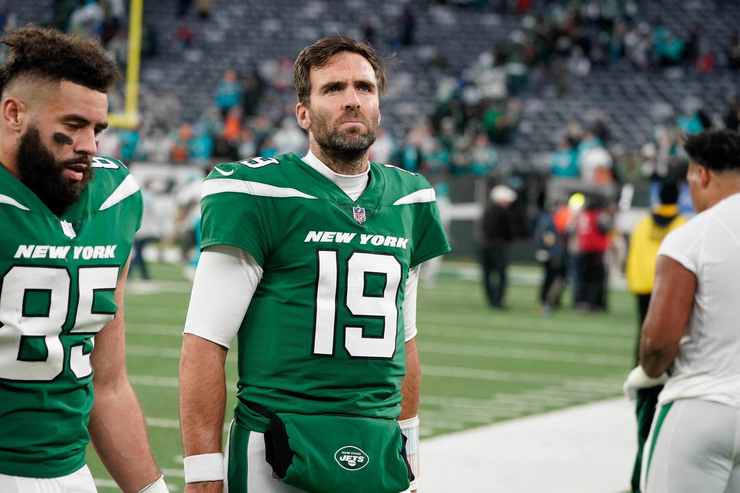 New York Jets quarterback Joe Flacco leaves the field after an NFL football game against the Miami Dolphins, Sunday, Nov. 21, 2021, in East Rutherford, N.J. (AP Photo/Corey Sipkin)