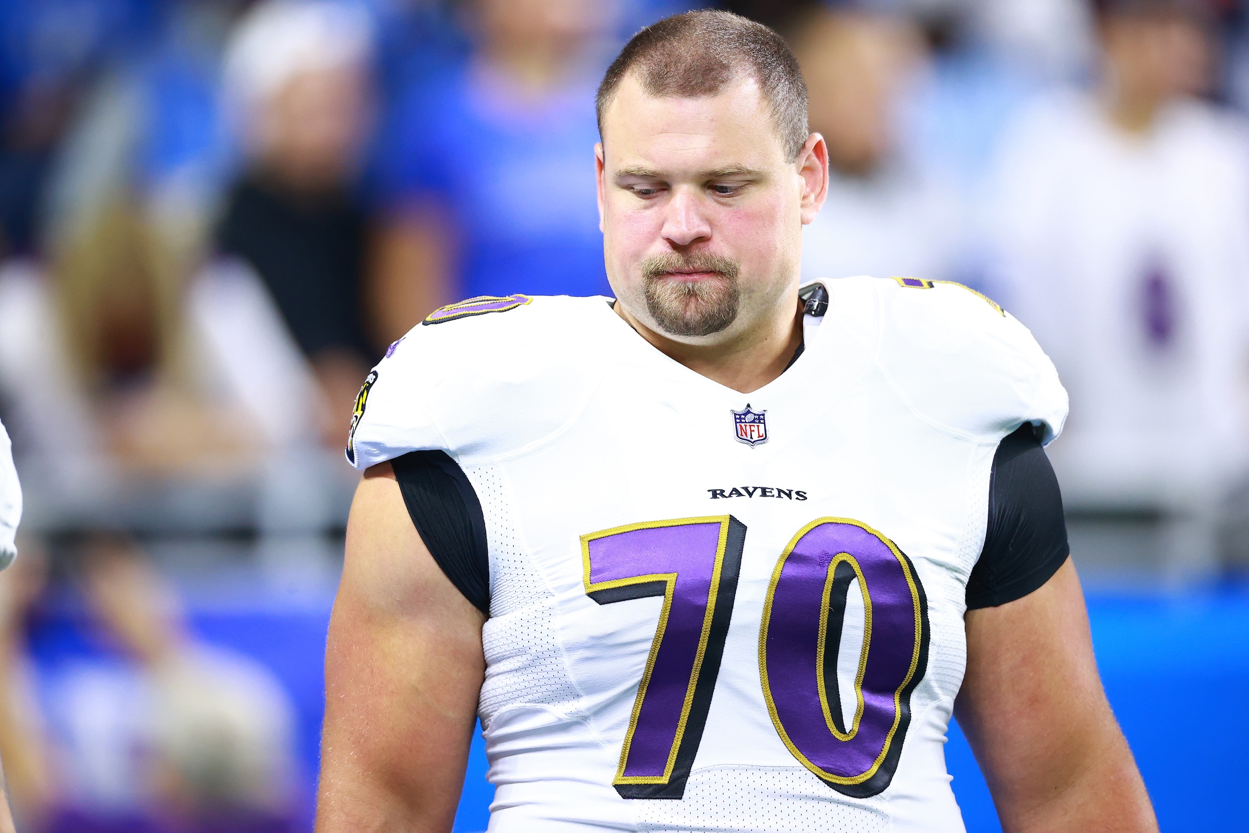 DETROIT, MI - SEPTEMBER 26: Kevin Zeitler #70 of the Baltimore Ravens during warm ups before a game against the Detroit Lions at Ford Field on September 26, 2021 in Detroit, Michigan. (Photo by Rey Del Rio/Getty Images)