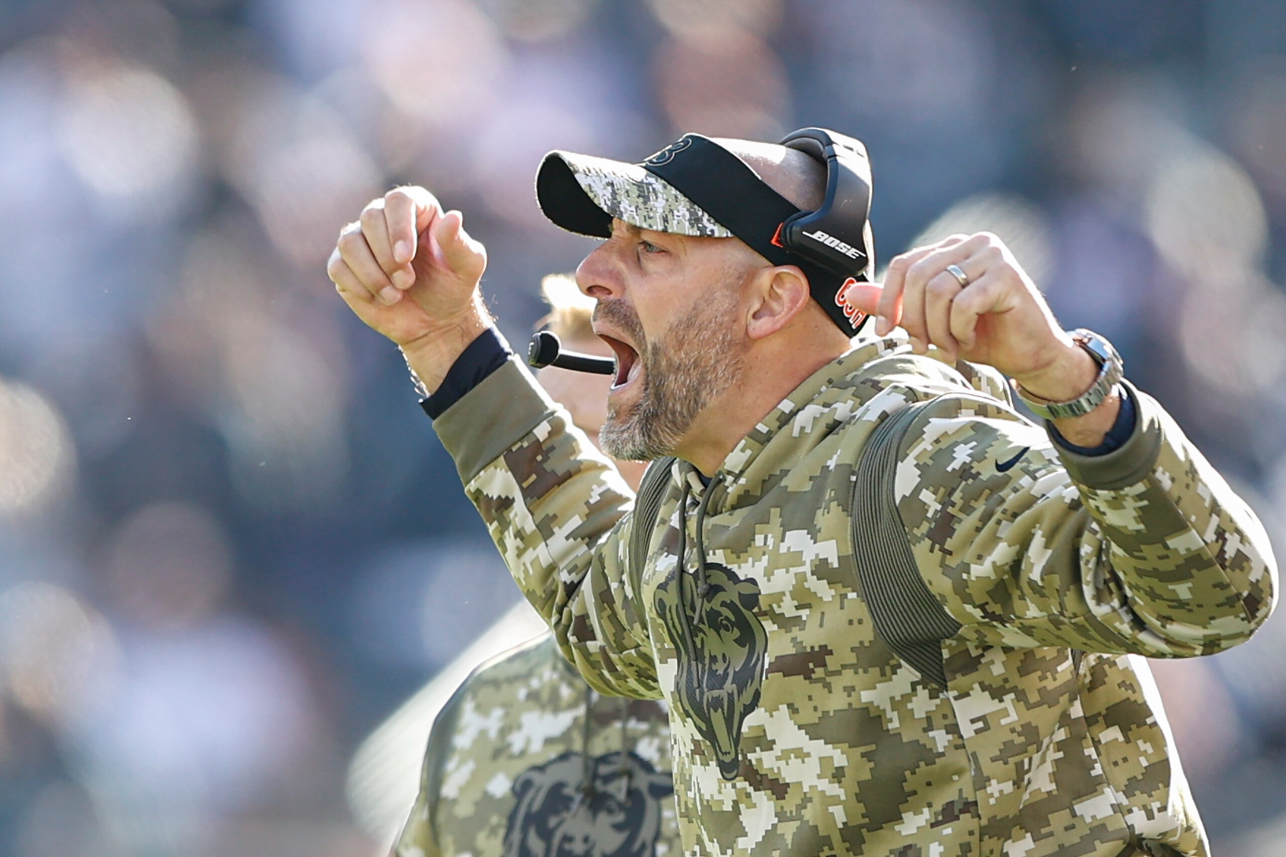 Chicago Bears head coach Matt Nagy yells from the sidelines during the first half of an NFL football game against the Baltimore Ravens, Sunday, Nov. 21, 2021, in Chicago. (AP Photo/Kamil Krzaczynski) Chicago Bears head coach Matt Nagy yells from the sidelines during the first half of an NFL football game against the Baltimore Ravens, Sunday, Nov. 21, 2021, in Chicago. (AP Photo/Kamil Krzaczynski)