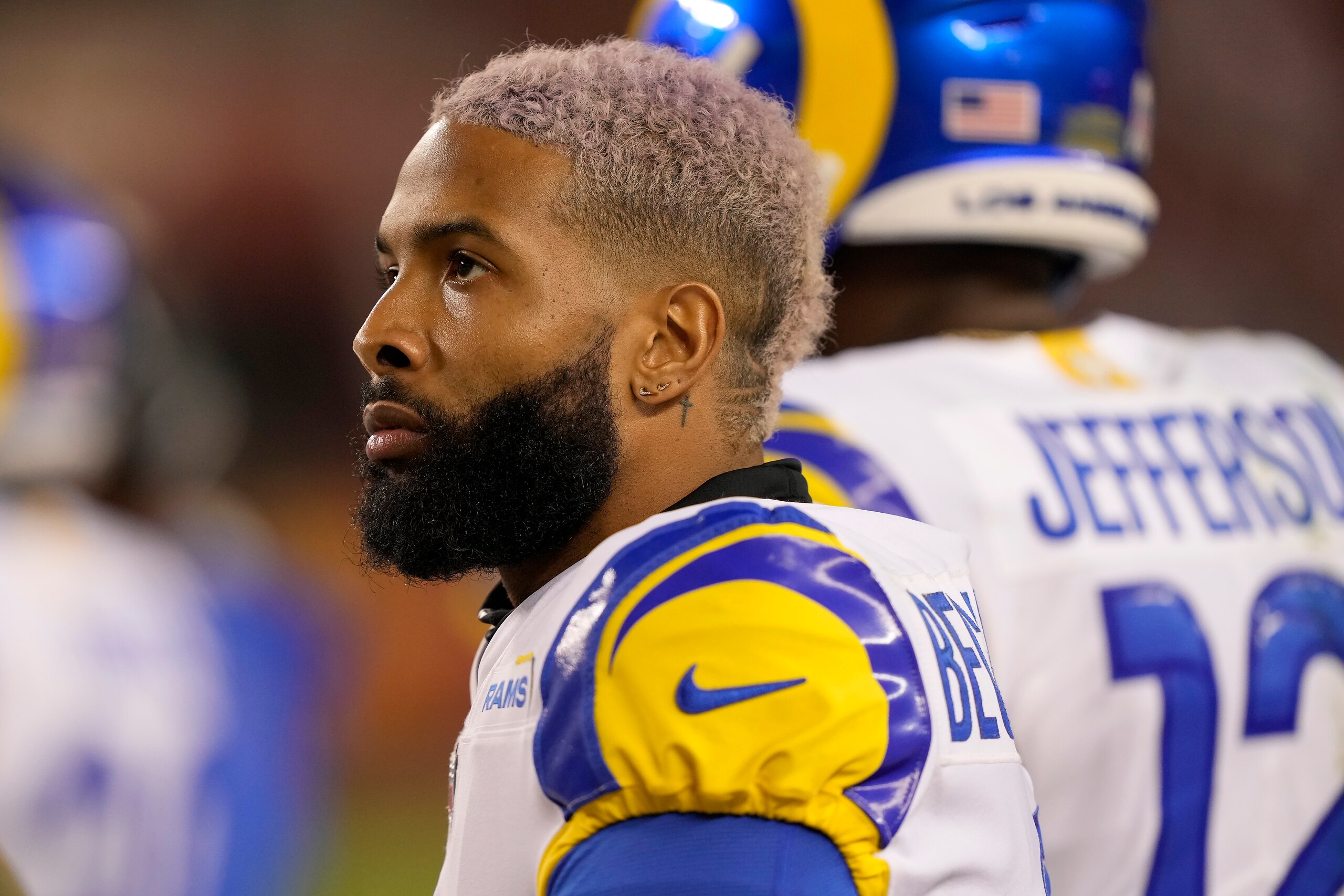 Los Angeles Rams wide receiver Odell Beckham Jr. watches from the sideline during the second half of an NFL football game against the San Francisco 49ers in Santa Clara, Calif., Monday, Nov. 15, 2021. (AP Photo/Tony Avelar)