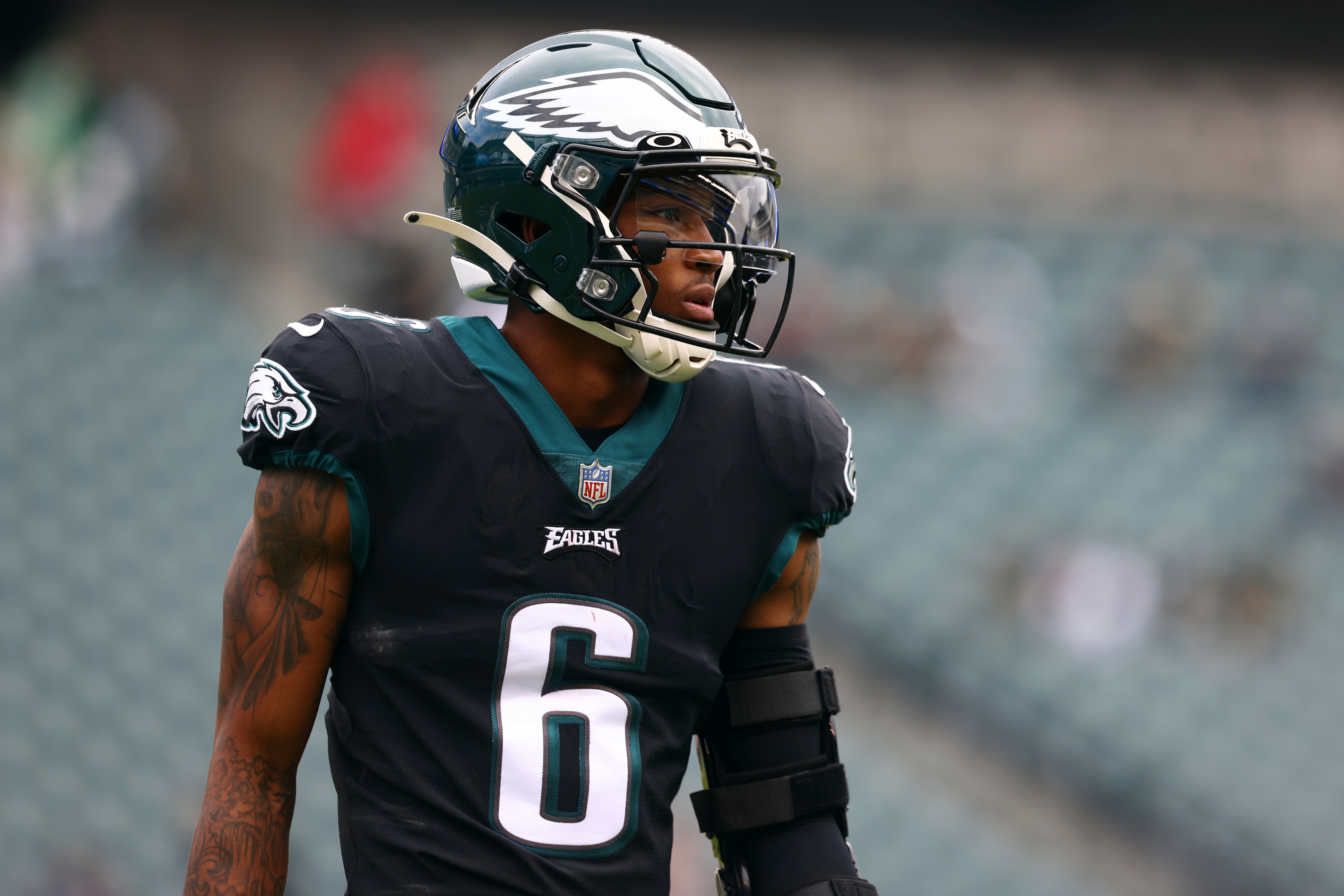 Philadelphia Eagles wide receiver DeVonta Smith (6) in action during an NFL football game against the New Orleans Saints, Sunday, Nov. 21, 2021, in Philadelphia. The Eagles defeated the Saints 40-29. (AP Photo/Rich Schultz)