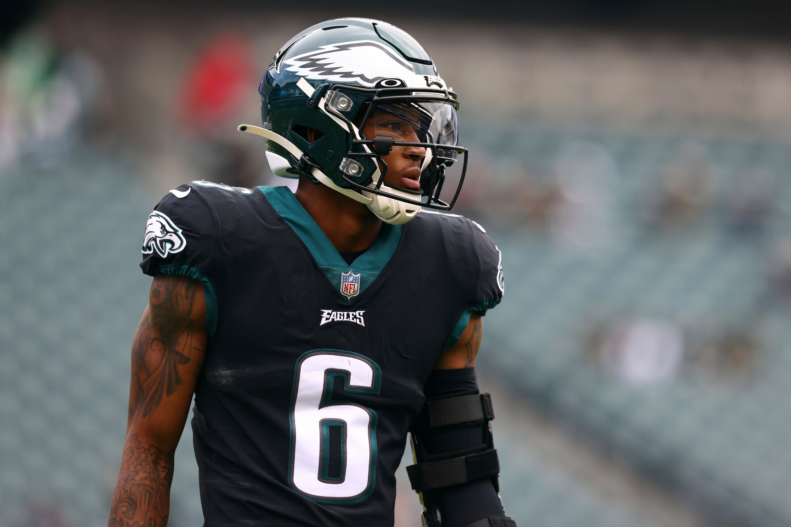 Philadelphia Eagles wide receiver DeVonta Smith (6) in action during an NFL football game against the New Orleans Saints, Sunday, Nov. 21, 2021, in Philadelphia. The Eagles defeated the Saints 40-29. (AP Photo/Rich Schultz) Philadelphia Eagles wide receiver DeVonta Smith (6) in action during an NFL football game against the New Orleans Saints, Sunday, Nov. 21, 2021, in Philadelphia. The Eagles defeated the Saints 40-29. (AP Photo/Rich Schultz)