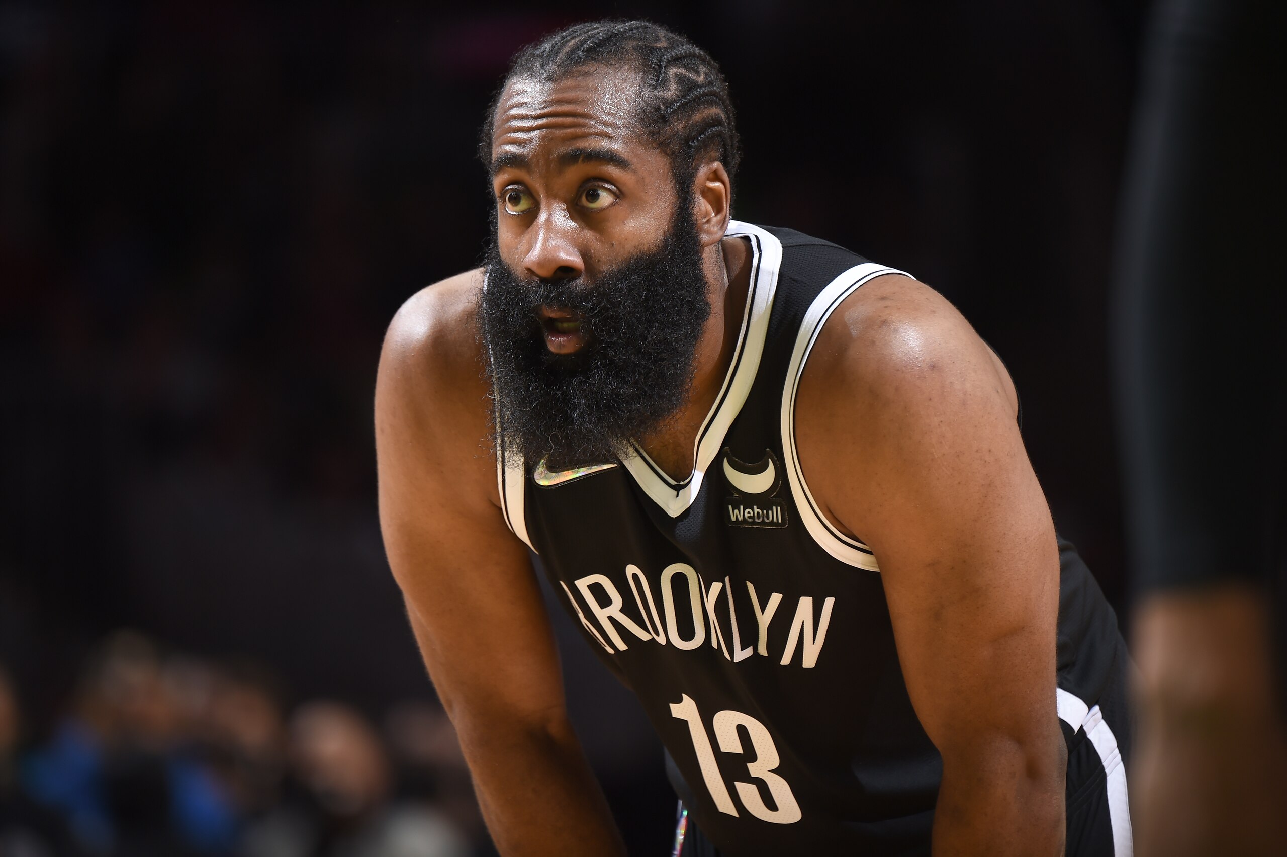 BOSTON, MA - NOVEMBER 24: James Harden #13 of the Brooklyn Nets looks on during the game  on November 24, 2021 at the TD Garden in Boston, Massachusetts.  NOTE TO USER: User expressly acknowledges and agrees that, by downloading and or using this photograph, User is consenting to the terms and conditions of the Getty Images License Agreement. Mandatory Copyright Notice: Copyright 2021 NBAE  (Photo by Brian Babineau/NBAE via Getty Images)