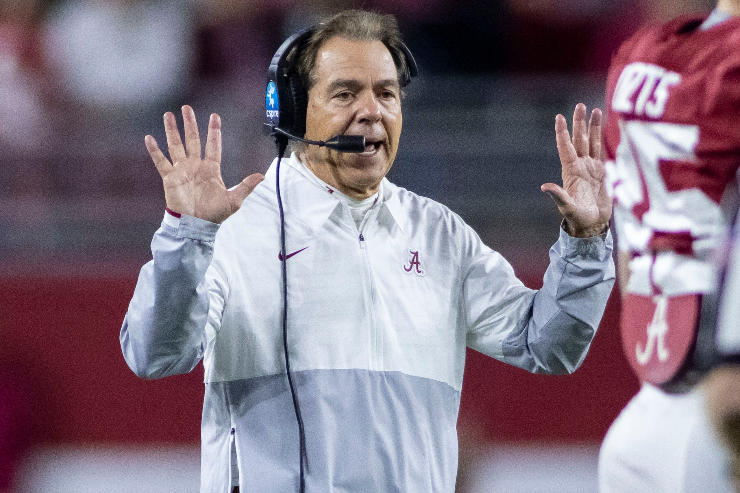Alabama head coach Nick Saban calls for his hands team, expecting an onside kick from Arkansas during the second half of an NCAA college football game, Saturday, Nov. 20, 2021, in Tuscaloosa, Ala. (AP Photo/Vasha Hunt) Alabama head coach Nick Saban calls for his hands team, expecting an onside kick from Arkansas during the second half of an NCAA college football game, Saturday, Nov. 20, 2021, in Tuscaloosa, Ala. (AP Photo/Vasha Hunt)