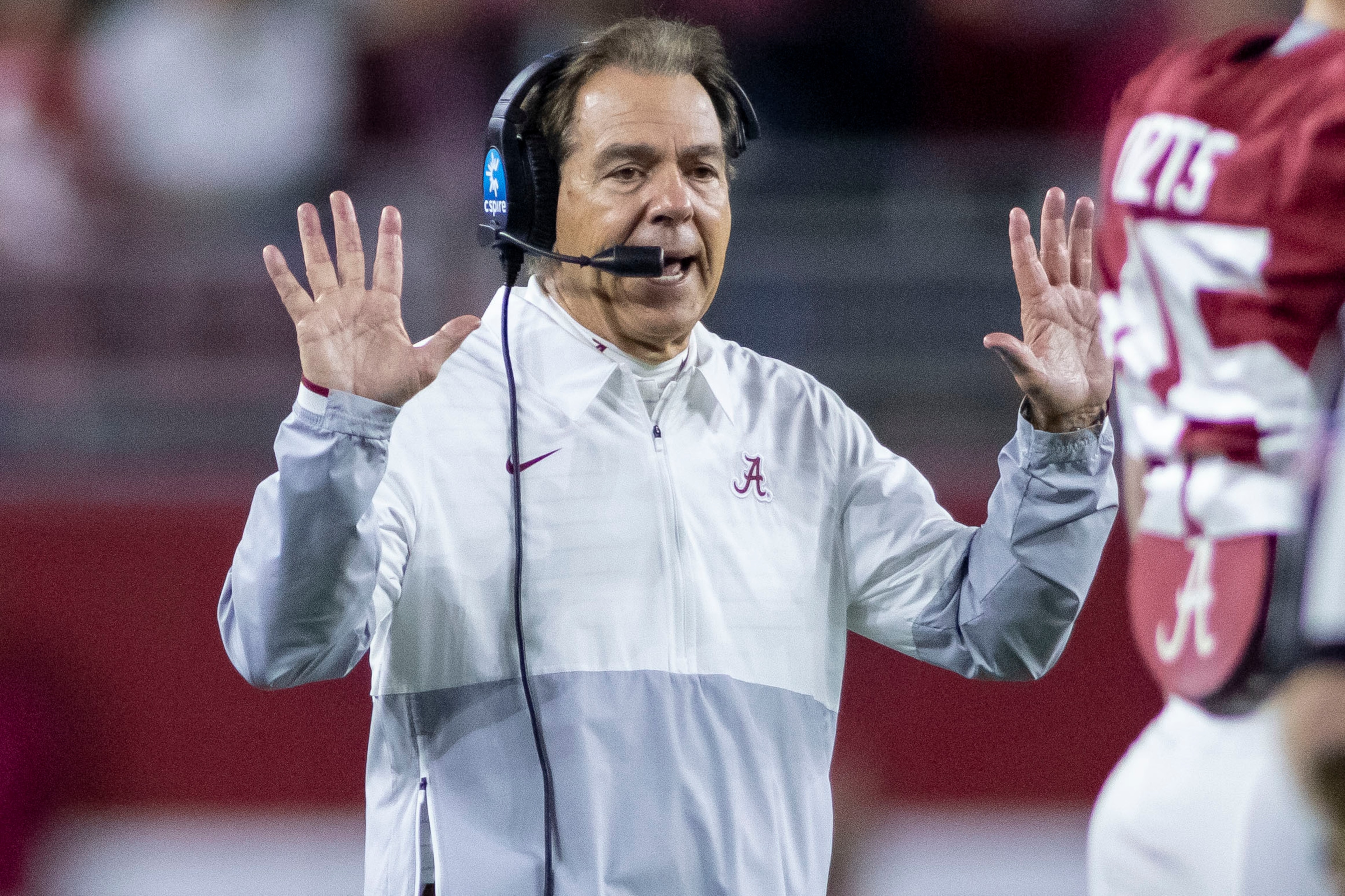 Alabama head coach Nick Saban calls for his hands team, expecting an onside kick from Arkansas during the second half of an NCAA college football game, Saturday, Nov. 20, 2021, in Tuscaloosa, Ala. (AP Photo/Vasha Hunt)