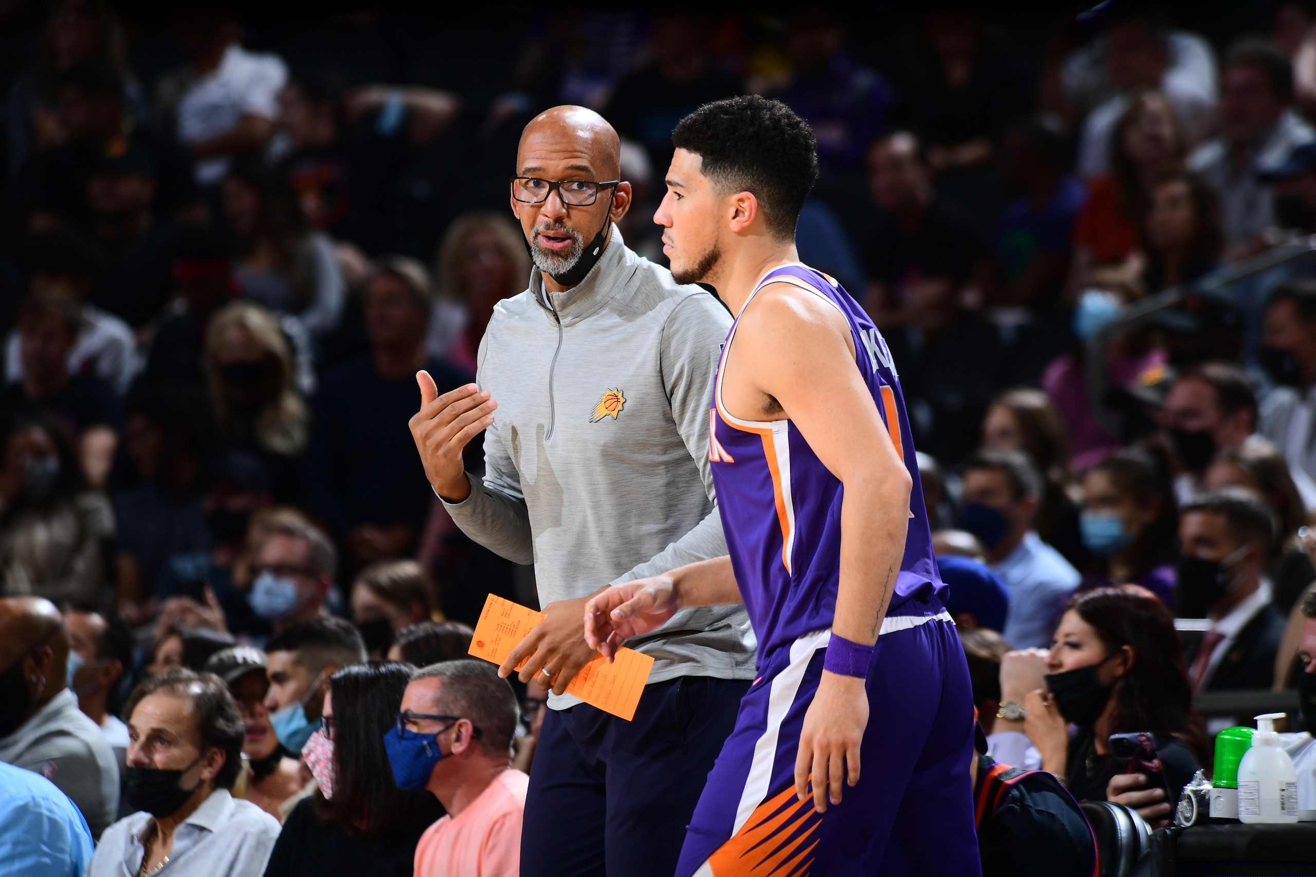 PHOENIX, AZ - NOVEMBER 4: Head Coach, Monty Williams of the Phoenix Suns talks to his player during the game against the Houston Rockets on November 4, 2021 at Footprint Center in Phoenix, Arizona. NOTE TO USER: User expressly acknowledges and agrees that, by downloading and or using this photograph, user is consenting to the terms and conditions of the Getty Images License Agreement. Mandatory Copyright Notice: Copyright 2021 NBAE (Photo by Michael Gonzales/NBAE via Getty Images)