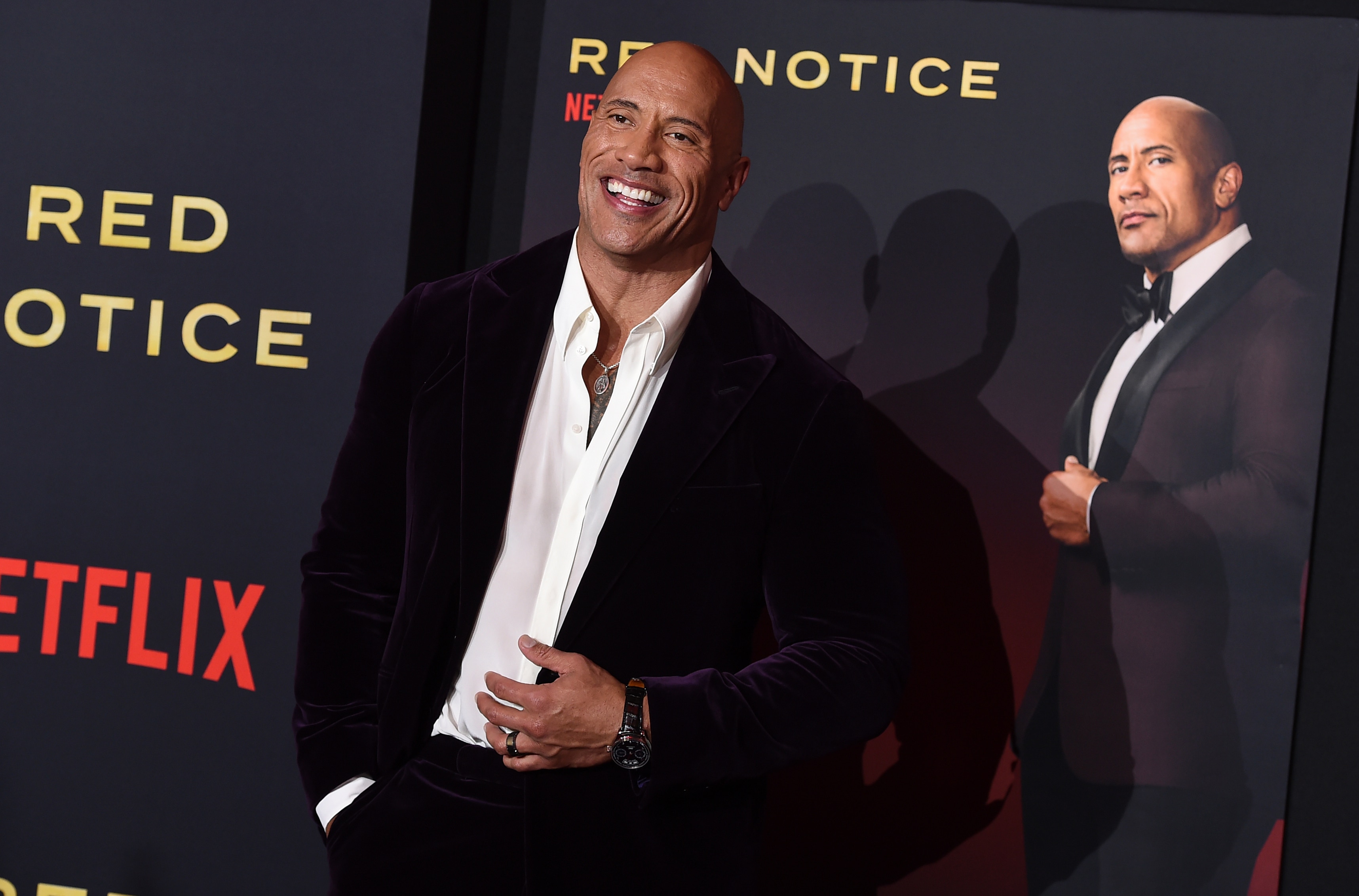 Cast member Dwayne Johnson arrives at the Los Angeles premiere of "Red Notice" at L.A. Live on Wednesday, Nov. 3, 2021. (Photo by Jordan Strauss/Invision/AP)