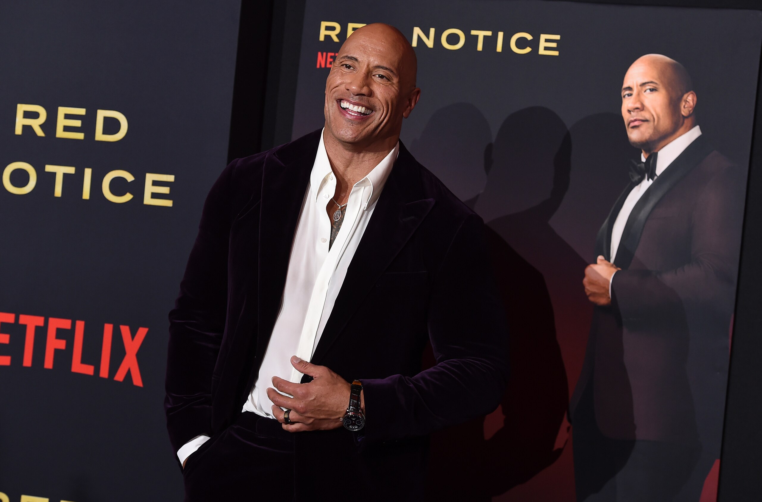 Cast member Dwayne Johnson arrives at the Los Angeles premiere of "Red Notice" at L.A. Live on Wednesday, Nov. 3, 2021. (Photo by Jordan Strauss/Invision/AP)