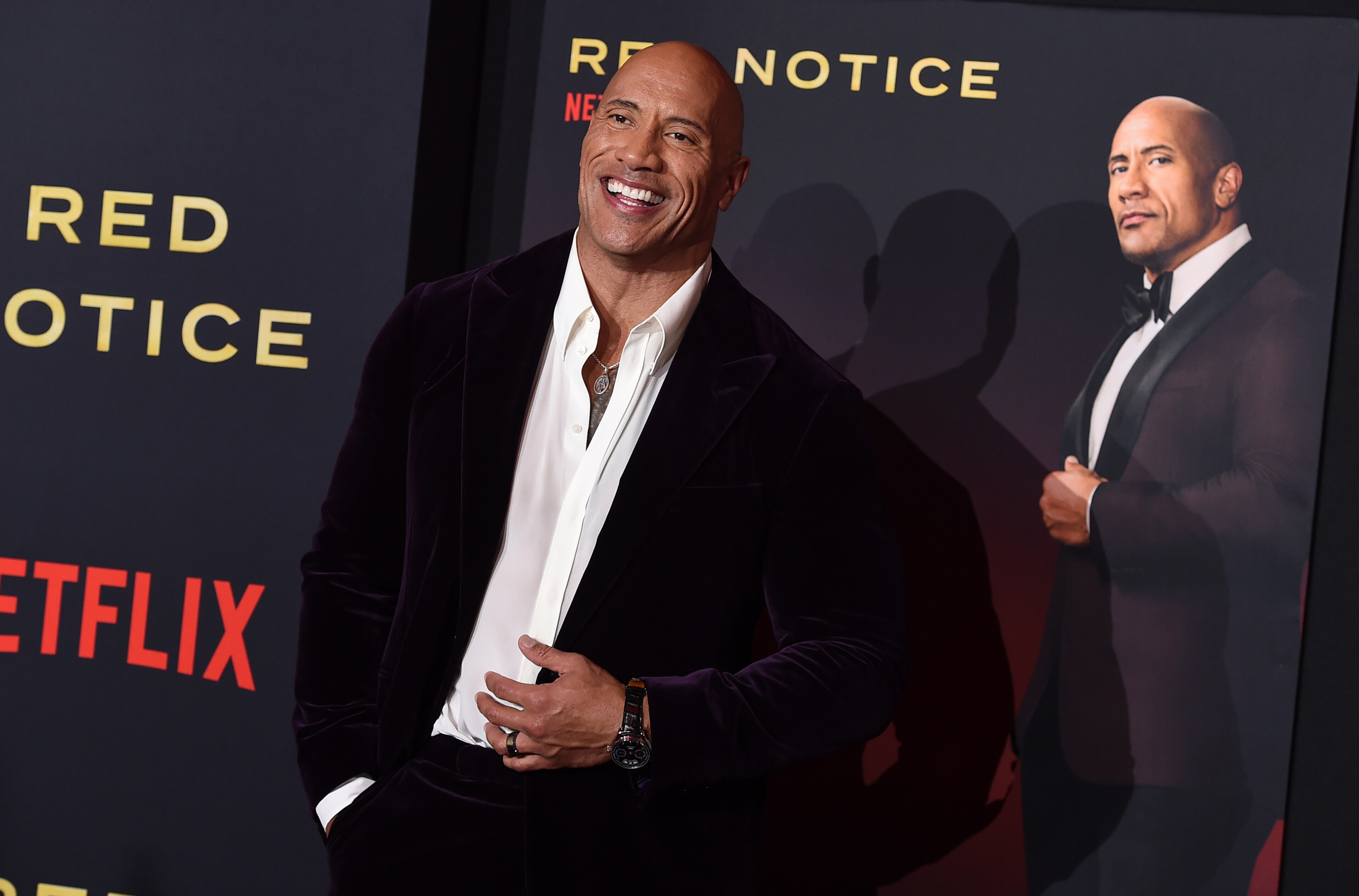 Cast member Dwayne Johnson arrives at the Los Angeles premiere of "Red Notice" at L.A. Live on Wednesday, Nov. 3, 2021. (Photo by Jordan Strauss/Invision/AP)