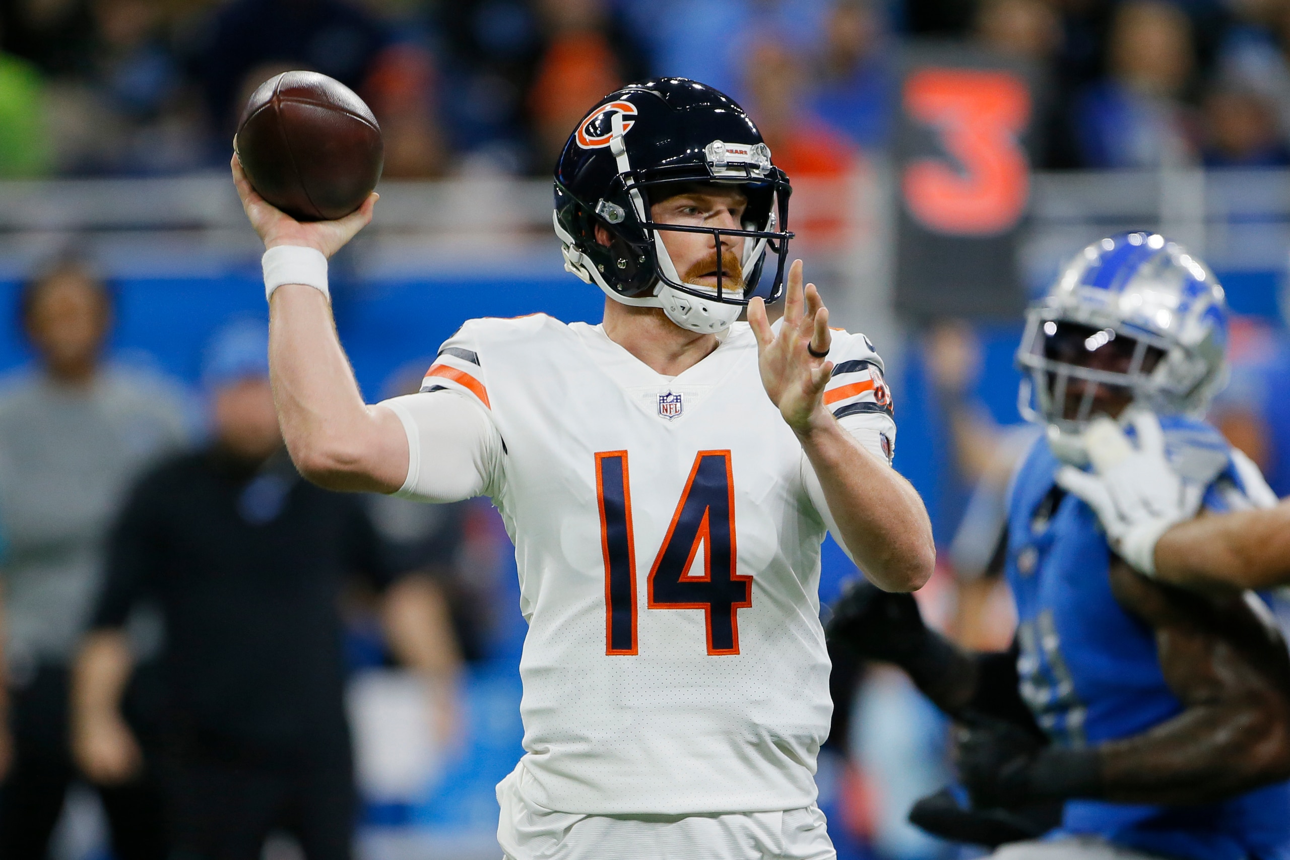 Chicago Bears quarterback Andy Dalton throws during the first half of an NFL football game against the Detroit Lions, Thursday, Nov. 25, 2021, in Detroit. (AP Photo/Duane Burleson)