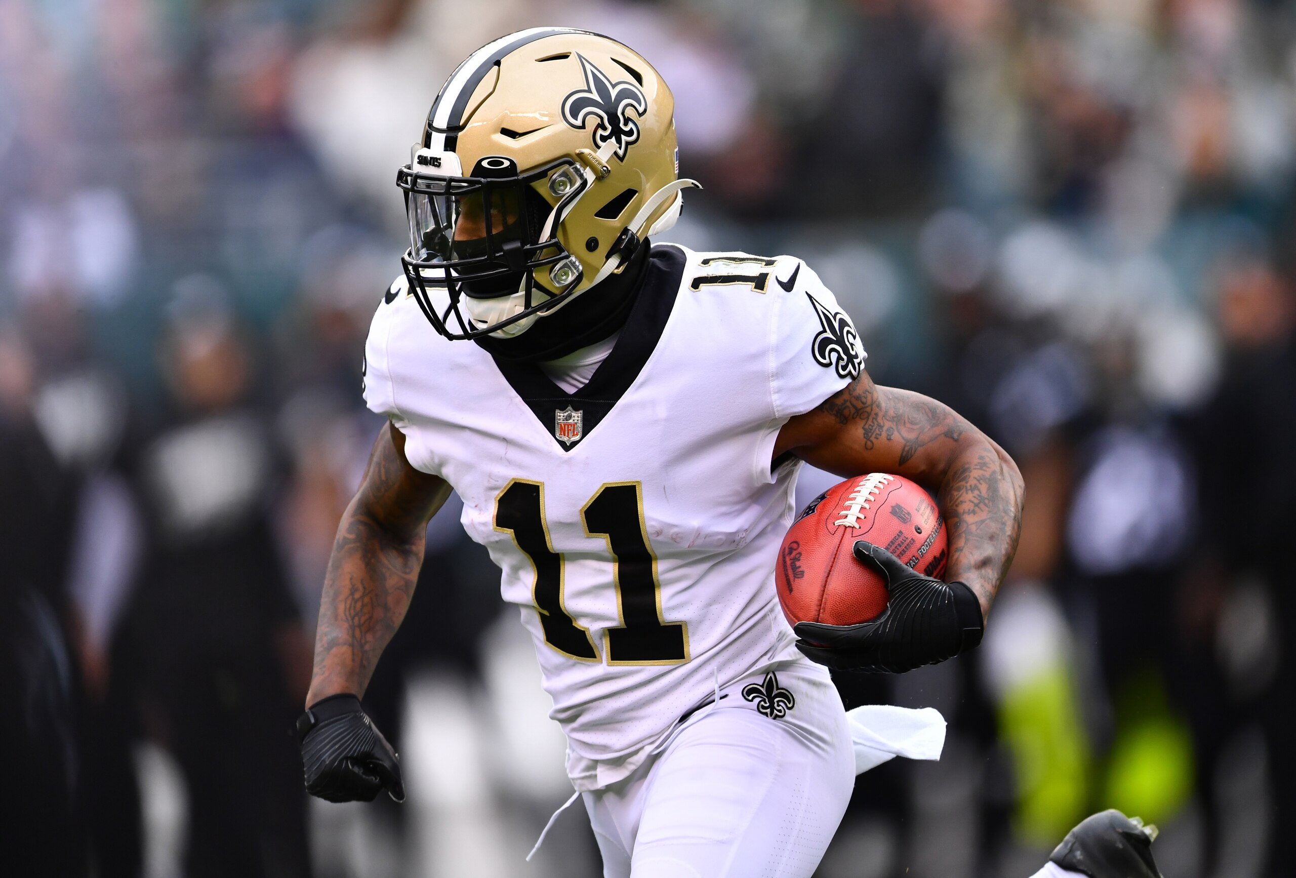 PHILADELPHIA, PA - NOVEMBER 21: New Orleans Saints Wide Receiver Deonte Harris (11) returns a kick in the first half during the game between the New Orleans Saints and Philadelphia Eagles on November 21, 2021 at Lincoln Financial Field in Philadelphia, PA. (Photo by Kyle Ross/Icon Sportswire via Getty Images)