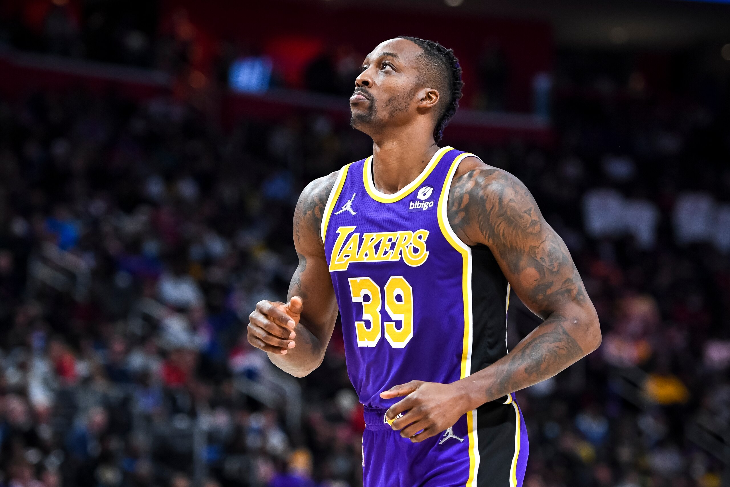 DETROIT, MICHIGAN - NOVEMBER 21: Dwight Howard #39 of the Los Angeles Lakers looks on against the Detroit Pistons during the fourth quarter of the game at Little Caesars Arena on November 21, 2021 in Detroit, Michigan. NOTE TO USER: User expressly acknowledges and agrees that, by downloading and or using this photograph, User is consenting to the terms and conditions of the Getty Images License Agreement. (Photo by Nic Antaya/Getty Images) DETROIT, MICHIGAN - NOVEMBER 21: Dwight Howard #39 of the Los Angeles Lakers looks on against the Detroit Pistons during the fourth quarter of the game at Little Caesars Arena on November 21, 2021 in Detroit, Michigan. NOTE TO USER: User expressly acknowledges and agrees that, by downloading and or using this photograph, User is consenting to the terms and conditions of the Getty Images License Agreement. (Photo by Nic Antaya/Getty Images)
