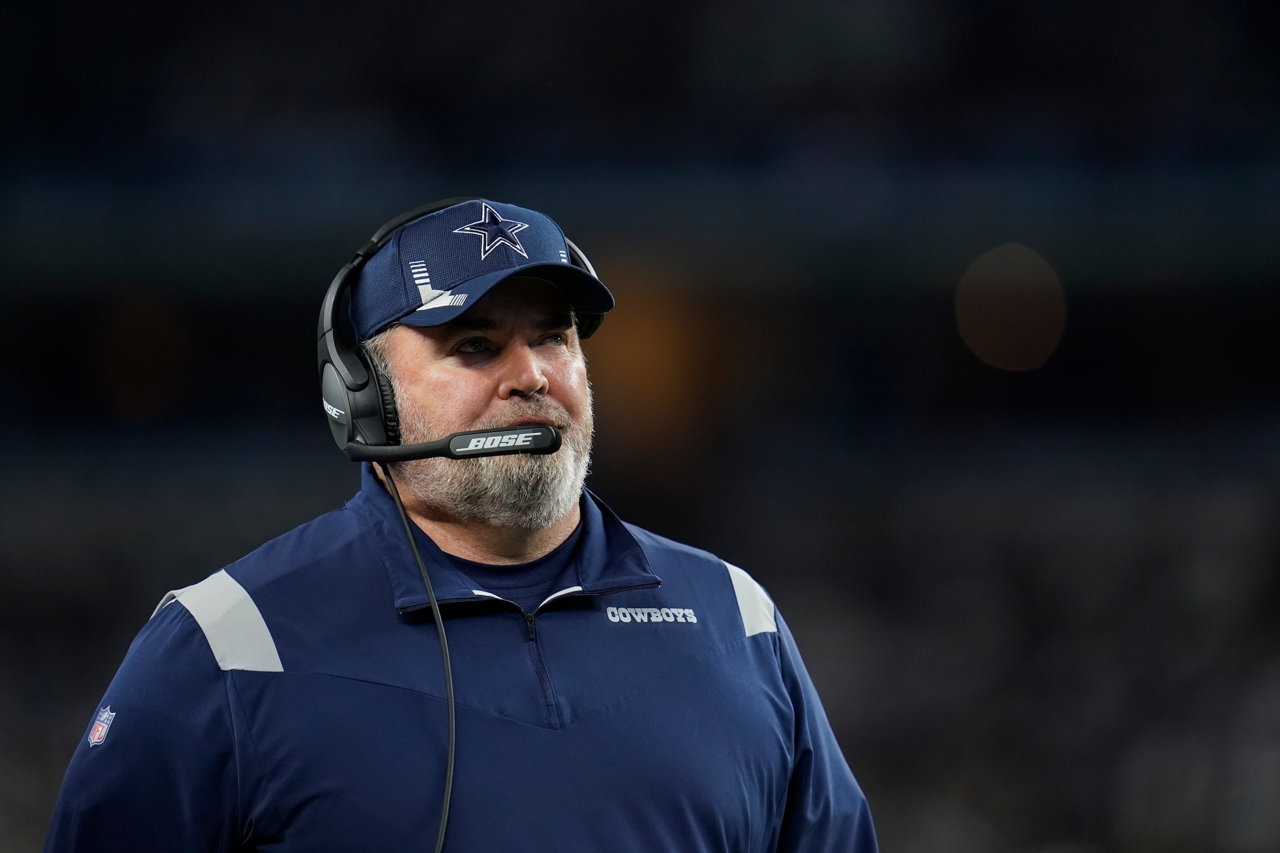Dallas Cowboys head coach Mike McCarthy during a Thanksgiving day NFL football game against the Las Vegas Raiders, Thursday, Nov. 25, 2021, in Arlington, Texas. (AP Photo/Matt Patterson)