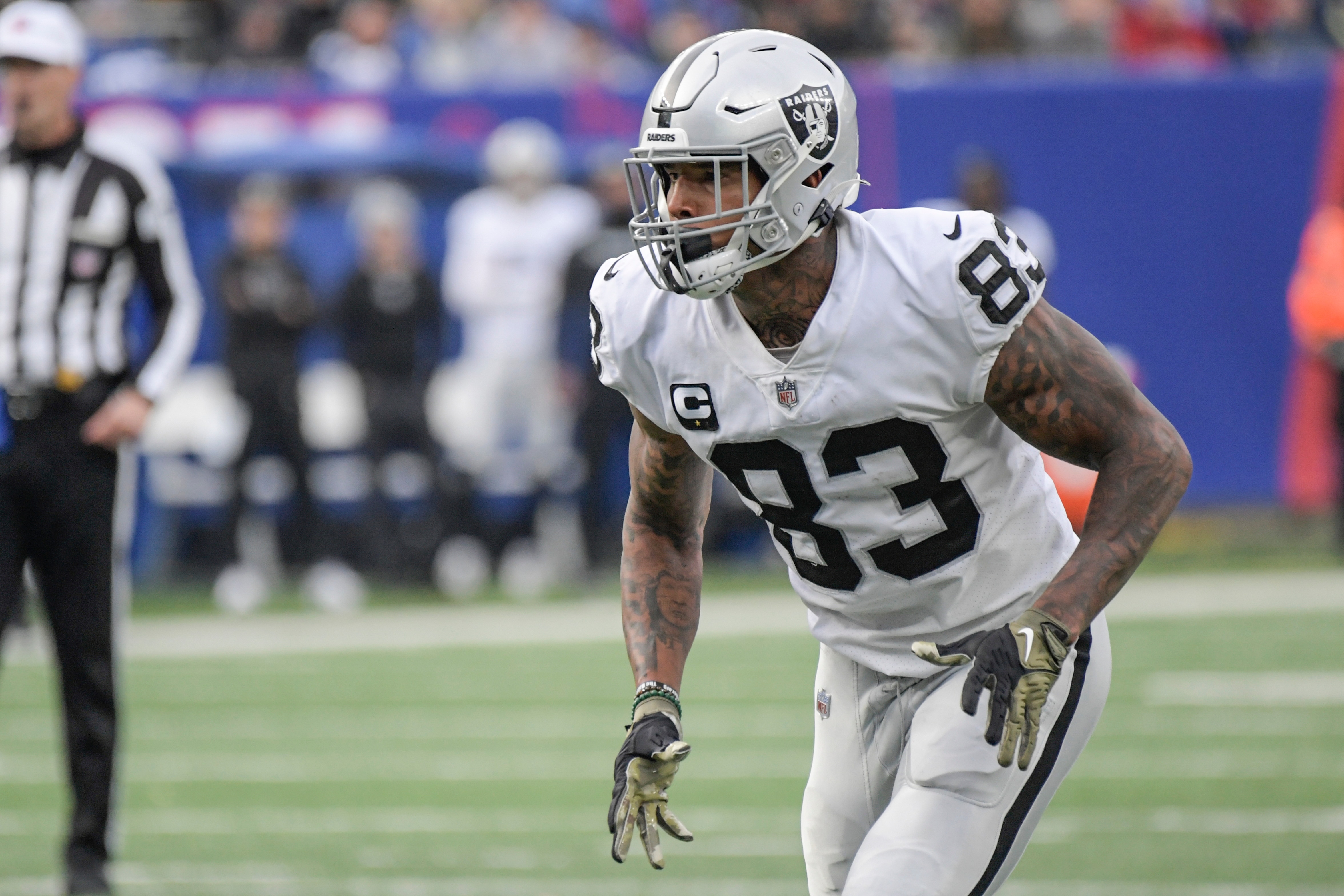 Las Vegas Raiders' Darren Waller (83) during the second half of an NFL football game against the New York Giants Sunday, Nov. 7, 2021, in East Rutherford, N.J. (AP Photo/Bill Kostroun)