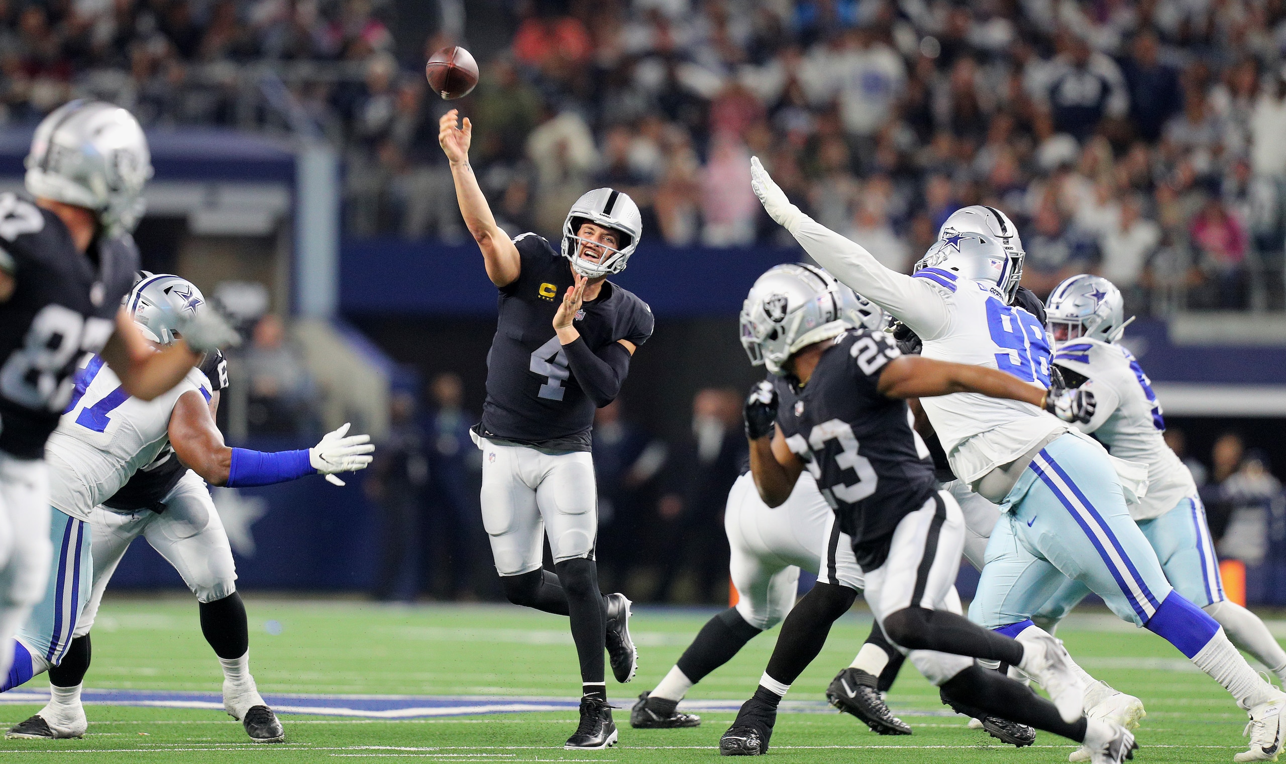 ARLINGTON, TEXAS - NOVEMBER 25: Dak Prescott #4 of the Dallas Cowboys makes a pass during the third quarter of the NFL game between Las Vegas Raiders and Dallas Cowboys at AT&T Stadium on November 25, 2021 in Arlington, Texas. (Photo by Richard Rodriguez/Getty Images)