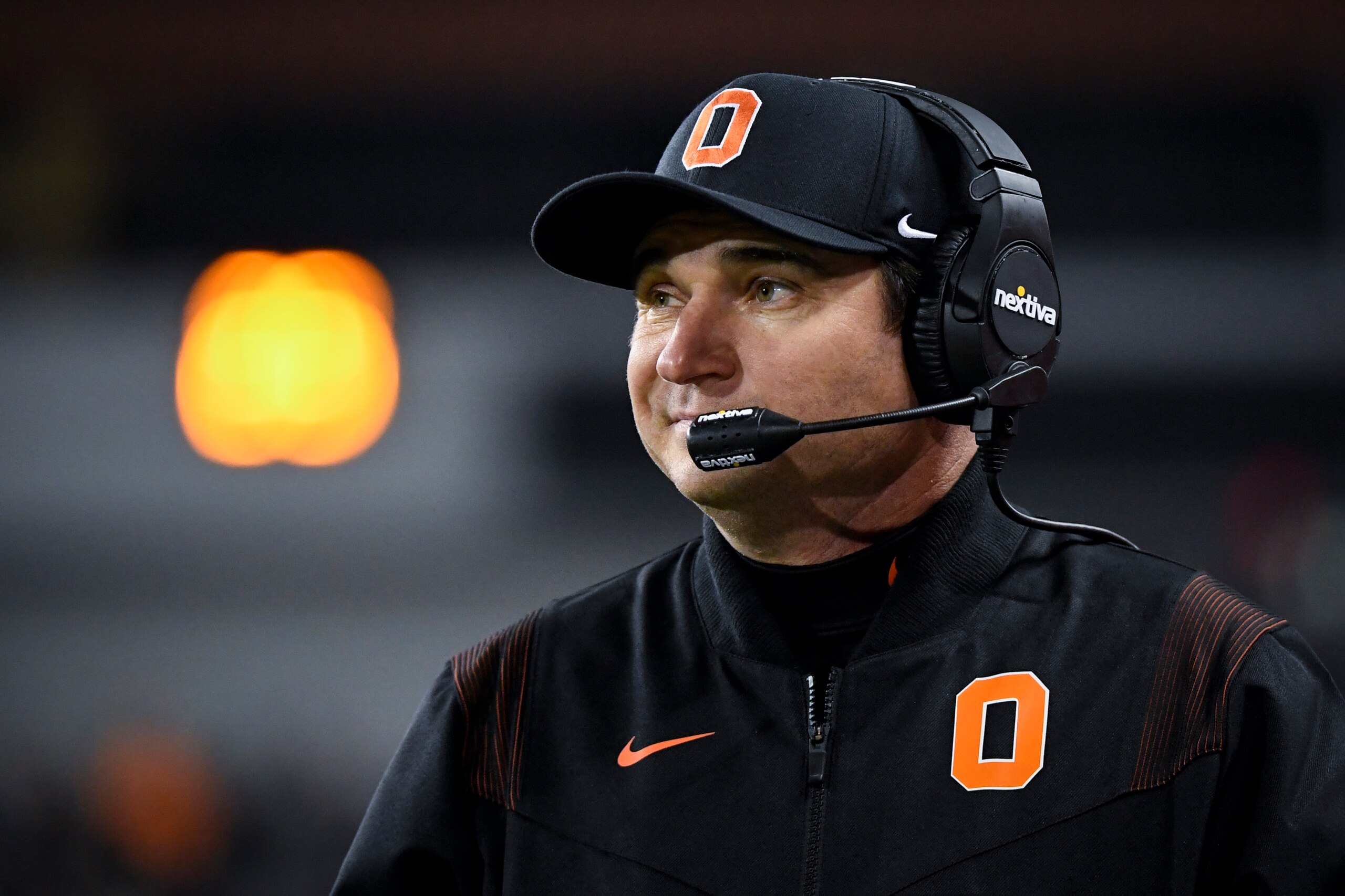 Oregon State head coach Jonathan Smith watches the action during the first quarter of an NCAA college football game Saturday, Nov. 20, 2021, in Corvallis, Ore. (AP Photo/Andy Nelson)