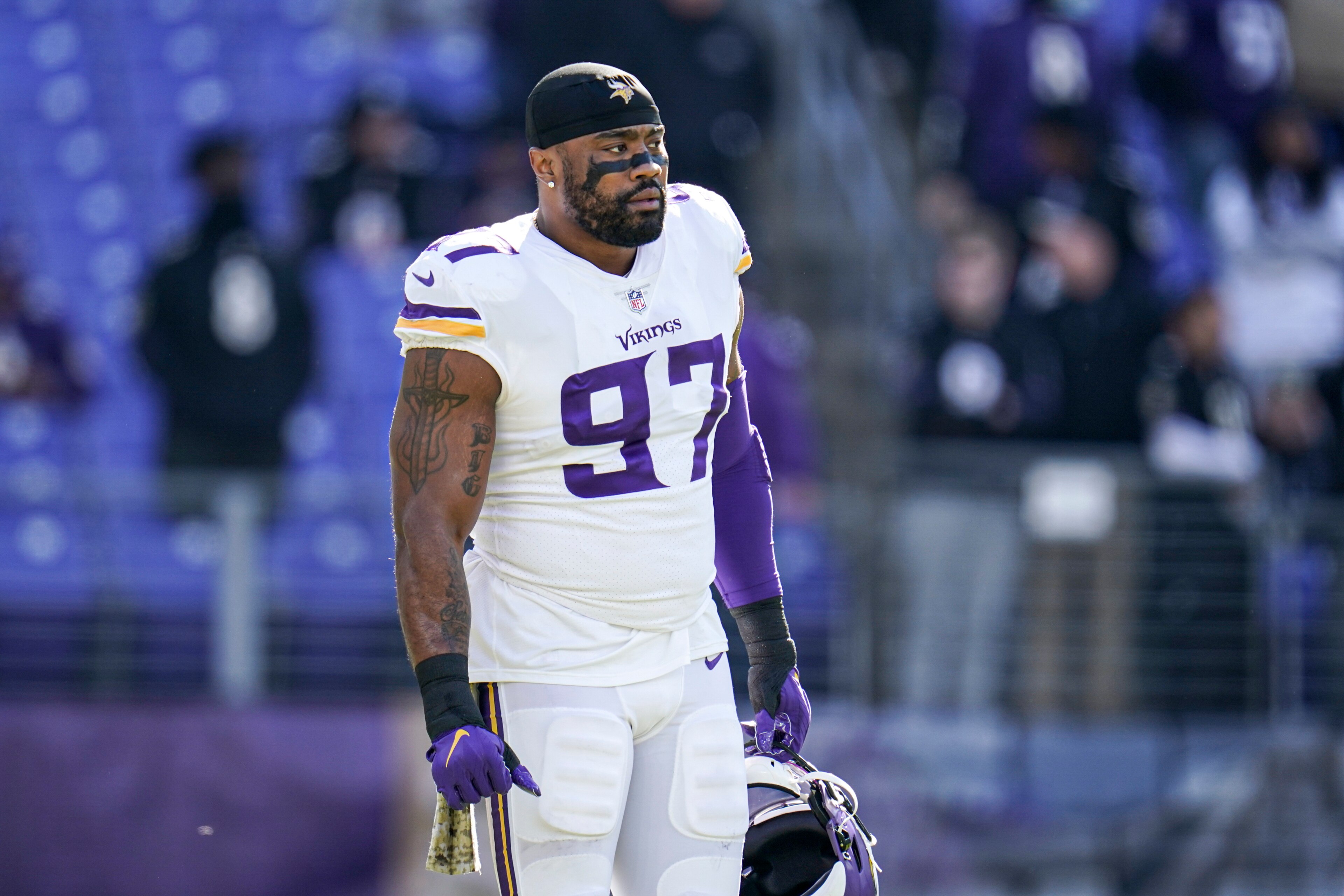 Minnesota Vikings's Everson Griffen looks on prior to an NFL football game against the Baltimore Ravens, Sunday, Nov. 7, 2021, in Baltimore. (AP Photo/Julio Cortez) Minnesota Vikings's Everson Griffen looks on prior to an NFL football game against the Baltimore Ravens, Sunday, Nov. 7, 2021, in Baltimore. (AP Photo/Julio Cortez)