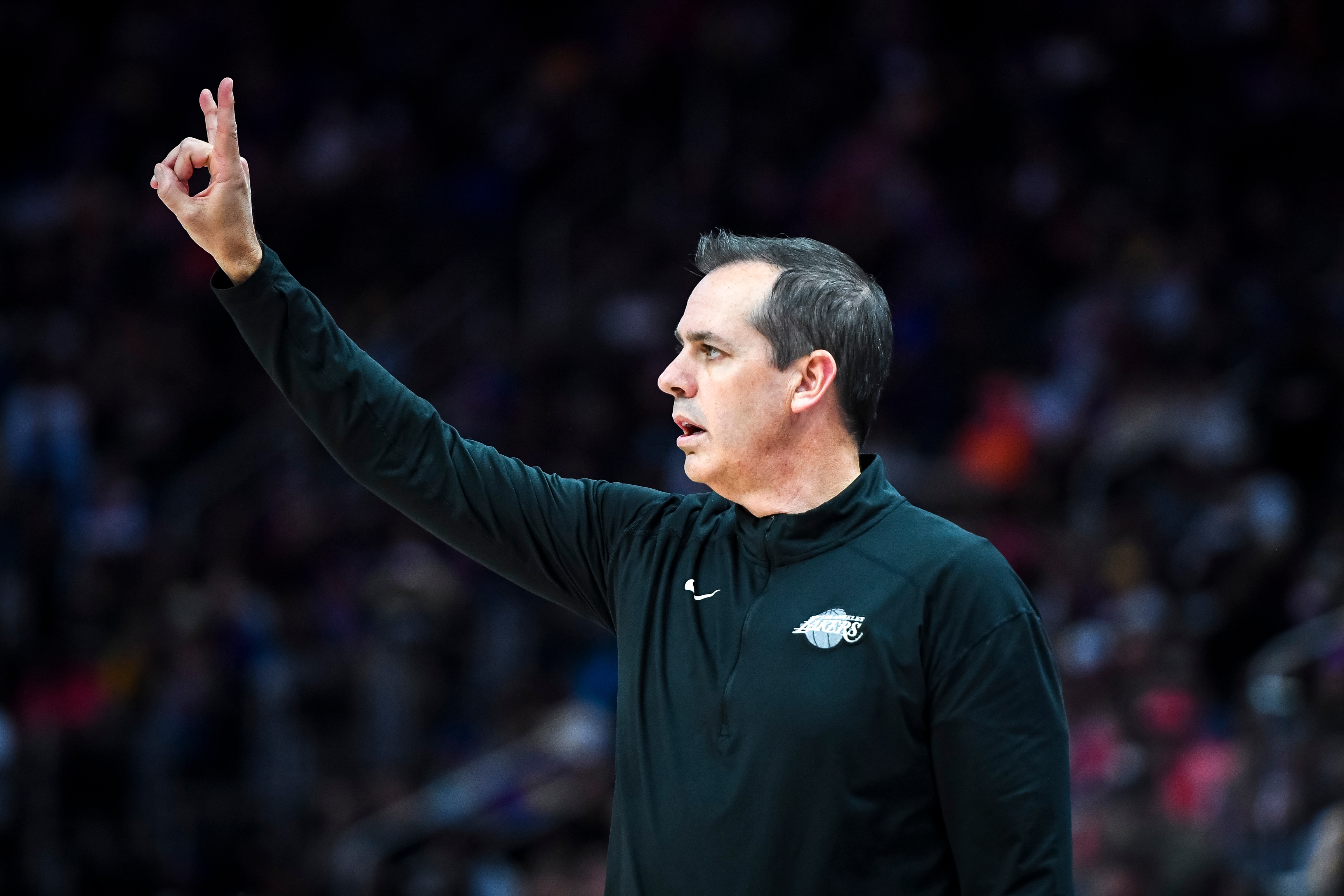 DETROIT, MICHIGAN - NOVEMBER 21: Head coach Frank Vogel of the Los Angeles Lakers signals against the Detroit Pistons during the third quarter of the game at Little Caesars Arena on November 21, 2021 in Detroit, Michigan. NOTE TO USER: User expressly acknowledges and agrees that, by downloading and or using this photograph, User is consenting to the terms and conditions of the Getty Images License Agreement. (Photo by Nic Antaya/Getty Images)