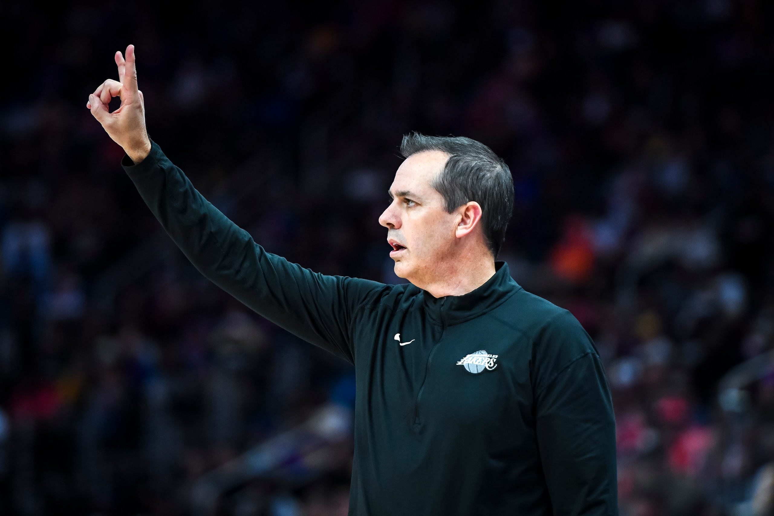 DETROIT, MICHIGAN - NOVEMBER 21: Head coach Frank Vogel of the Los Angeles Lakers signals against the Detroit Pistons during the third quarter of the game at Little Caesars Arena on November 21, 2021 in Detroit, Michigan. NOTE TO USER: User expressly acknowledges and agrees that, by downloading and or using this photograph, User is consenting to the terms and conditions of the Getty Images License Agreement. (Photo by Nic Antaya/Getty Images) DETROIT, MICHIGAN - NOVEMBER 21: Head coach Frank Vogel of the Los Angeles Lakers signals against the Detroit Pistons during the third quarter of the game at Little Caesars Arena on November 21, 2021 in Detroit, Michigan. NOTE TO USER: User expressly acknowledges and agrees that, by downloading and or using this photograph, User is consenting to the terms and conditions of the Getty Images License Agreement. (Photo by Nic Antaya/Getty Images)