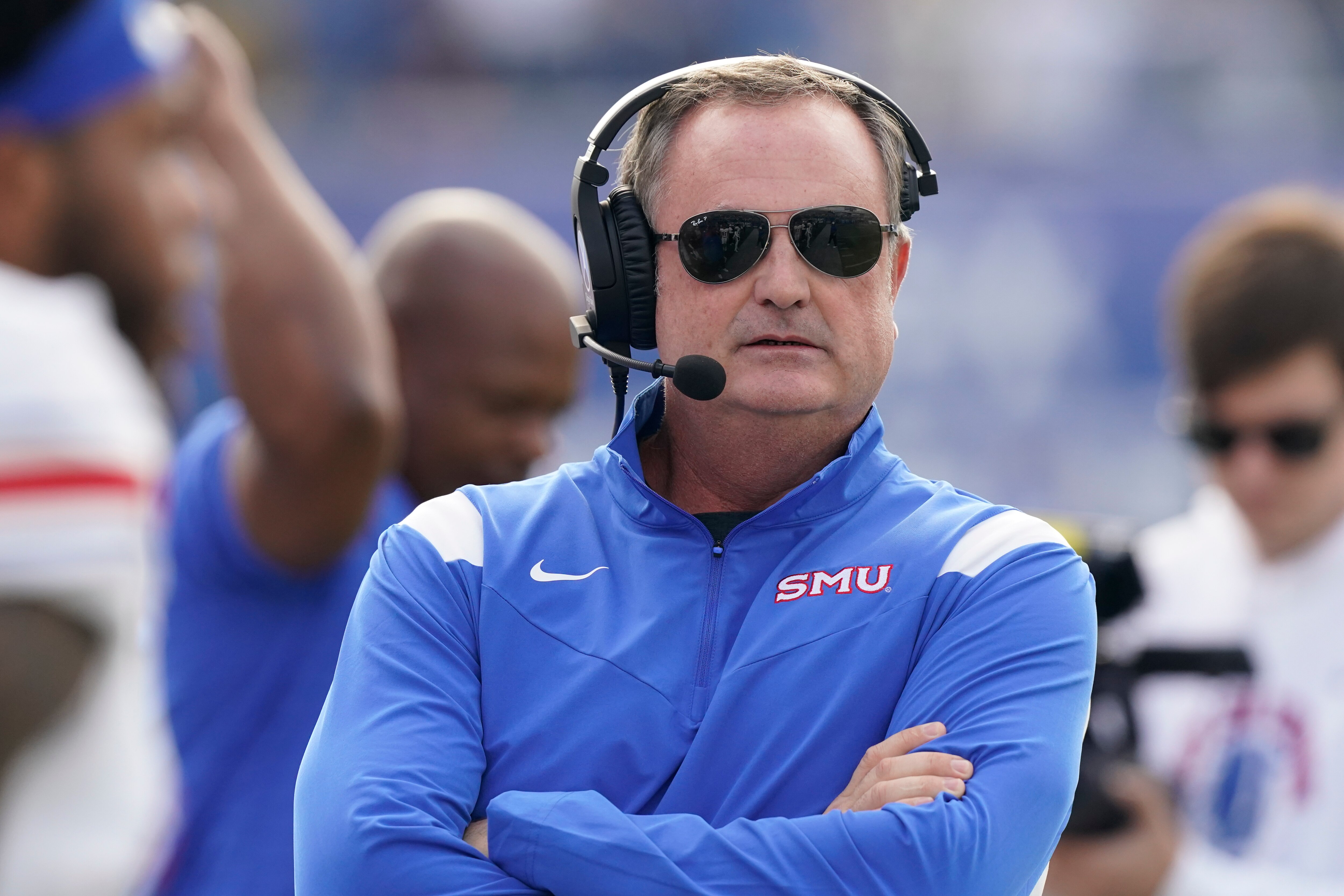 SMU head coach Sonny Dykes watches from the sideline in the first half of an NCAA college football game against Memphis Saturday, Nov. 6, 2021, in Memphis, Tenn. (AP Photo/Mark Humphrey)
