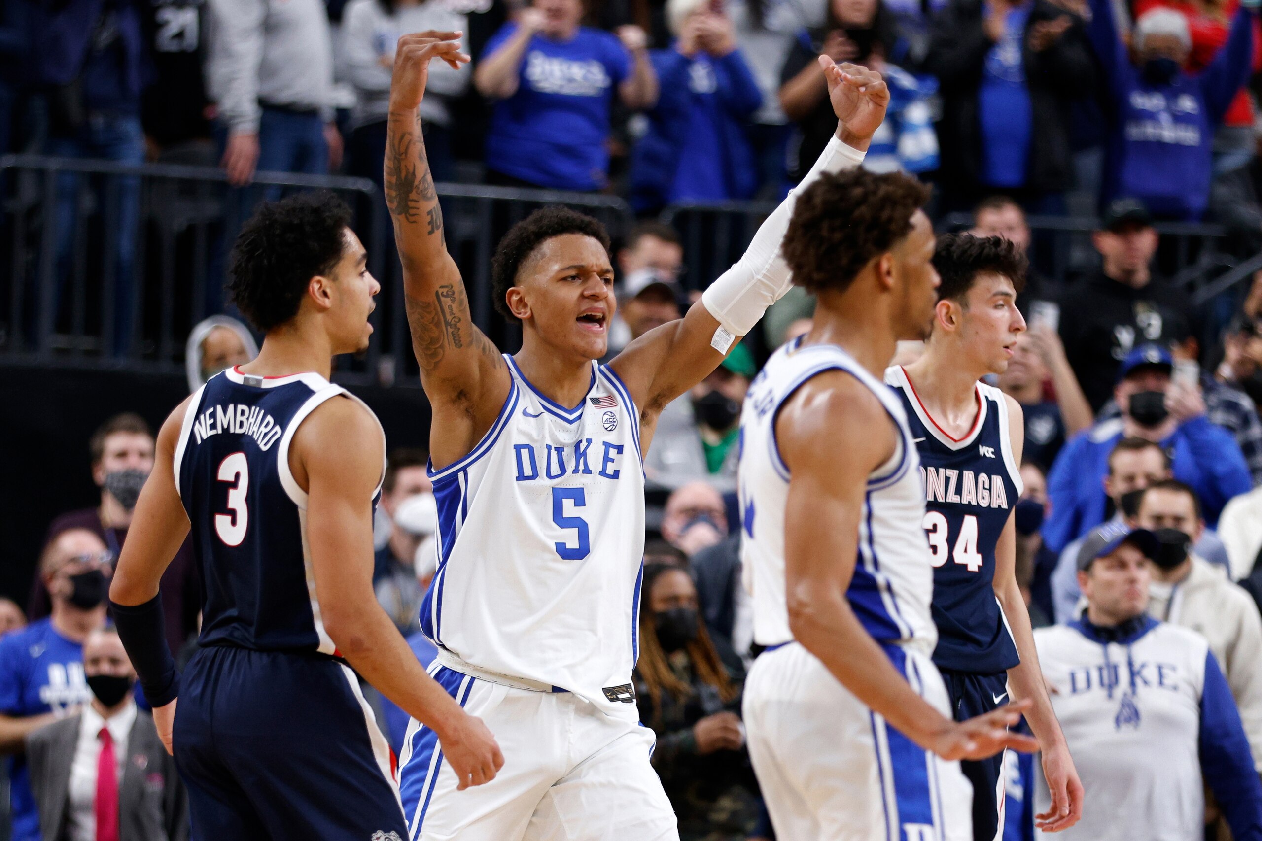 LAS VEGAS, NV - NOVEMBER 26: Paolo Banchero #5 of the Duke Blue Devils reacts near the end of their game against the Gonzaga Bulldogs during the Continental Tire Challenge at T-Mobile Arena on November 26, 2021 in Las Vegas, Nevada. (Photo by Lance King/Getty Images)