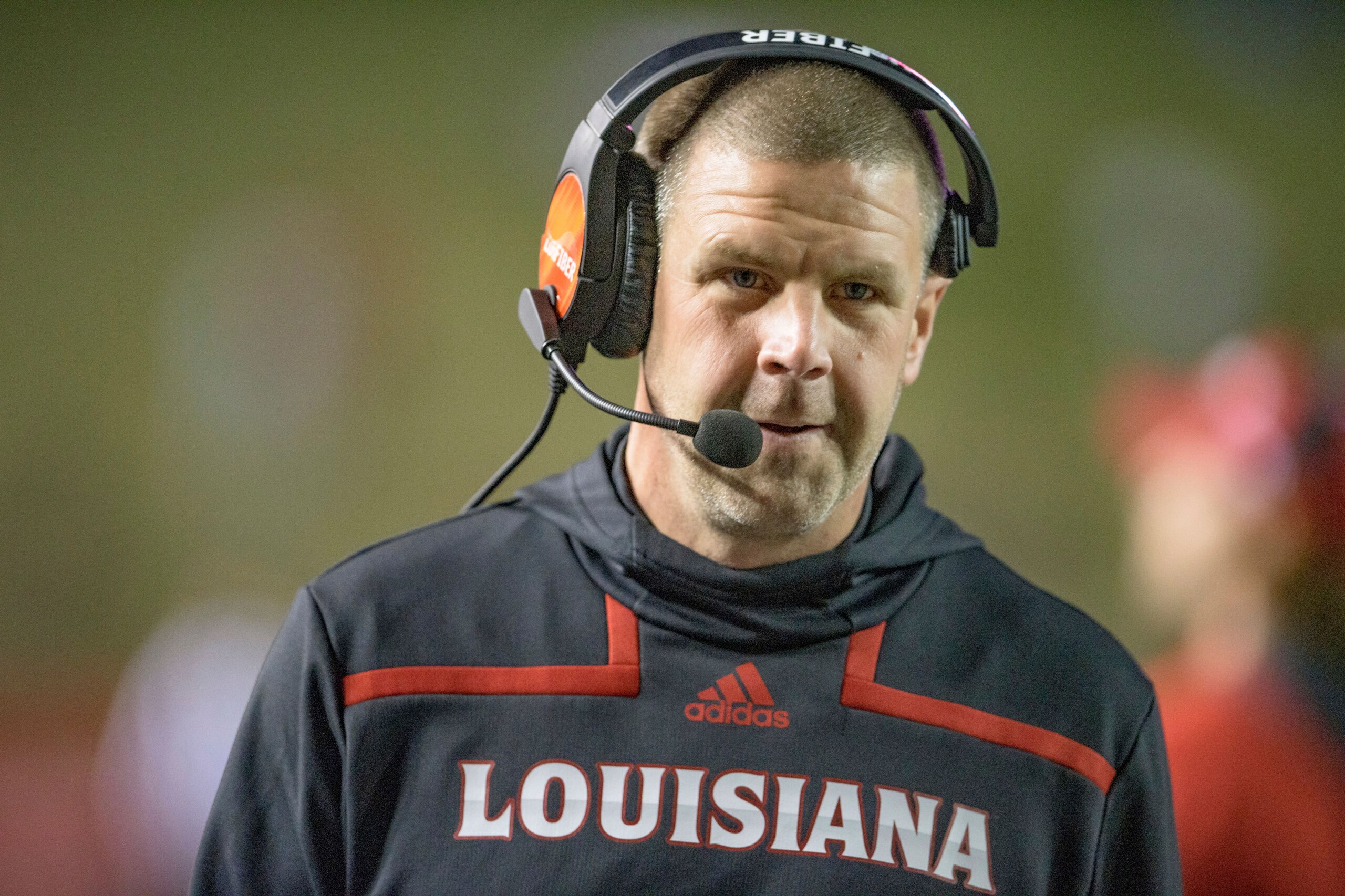 Louisiana-Lafayette head coach Billy Napier walks the sideline during an NCAA college football game against Georgia State in Lafayette, La., Thursday, Nov. 4, 2021. (AP Photo/Matthew Hinton)