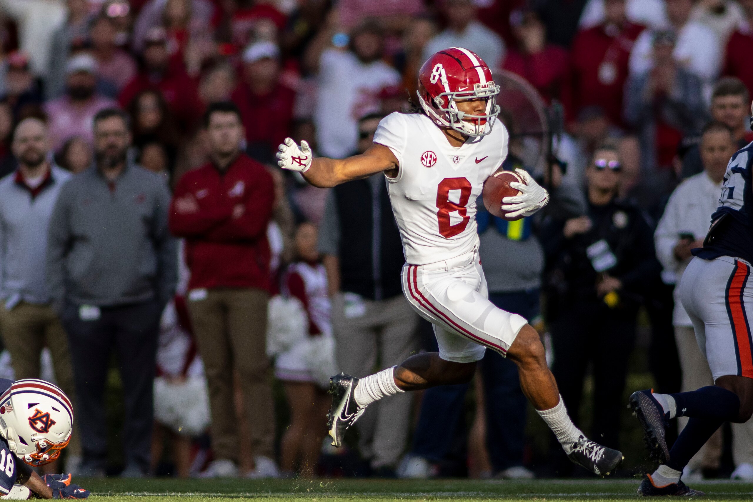 Alabama wide receiver John Metchie III (8) gets loose on a pass reception during the first half of an NCAA college football game against Auburn, Saturday, Nov. 27, 2021, in Auburn, Ala. (AP Photo/Vasha Hunt)