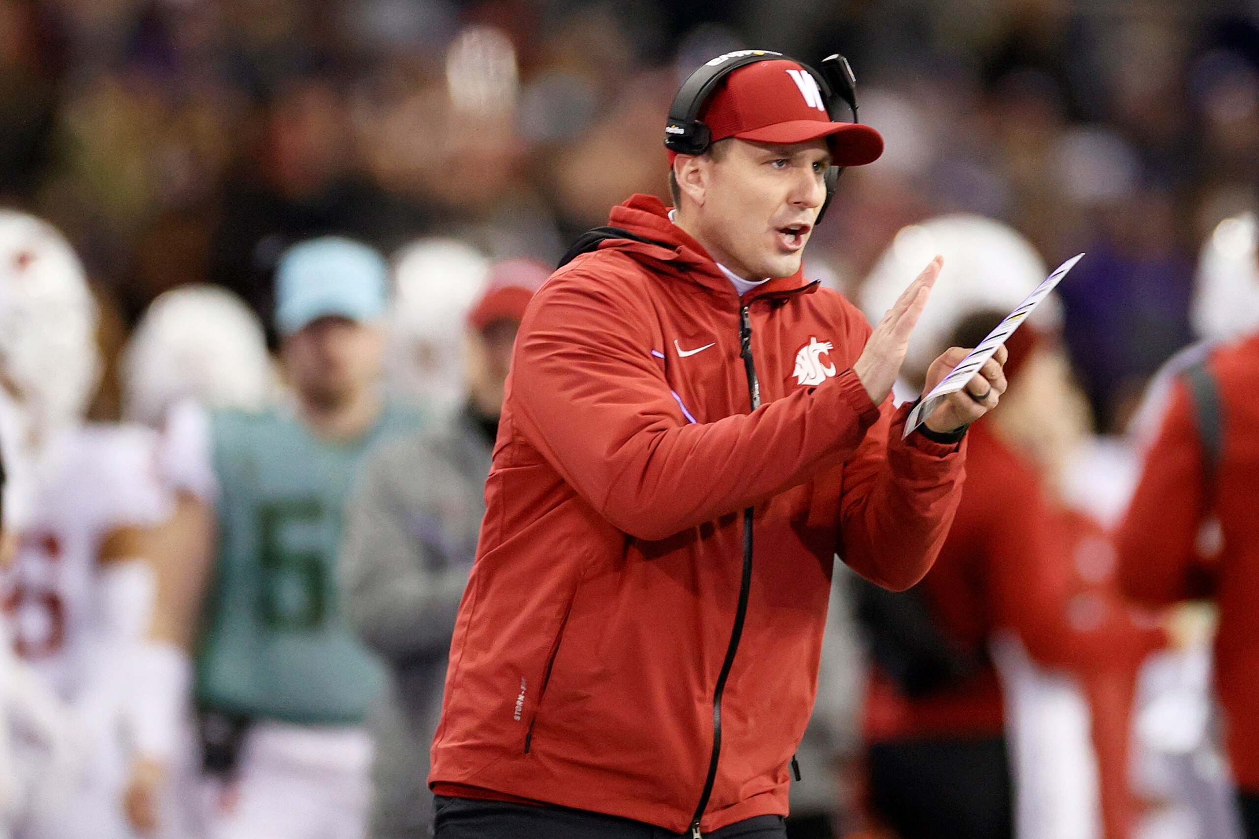 SEATTLE, WASHINGTON - NOVEMBER 26: Head coach Jake Dickert of the Washington State Cougars looks on against the Washington Huskies during the first quarter at Husky Stadium on November 26, 2021 in Seattle, Washington. (Photo by Steph Chambers/Getty Images)