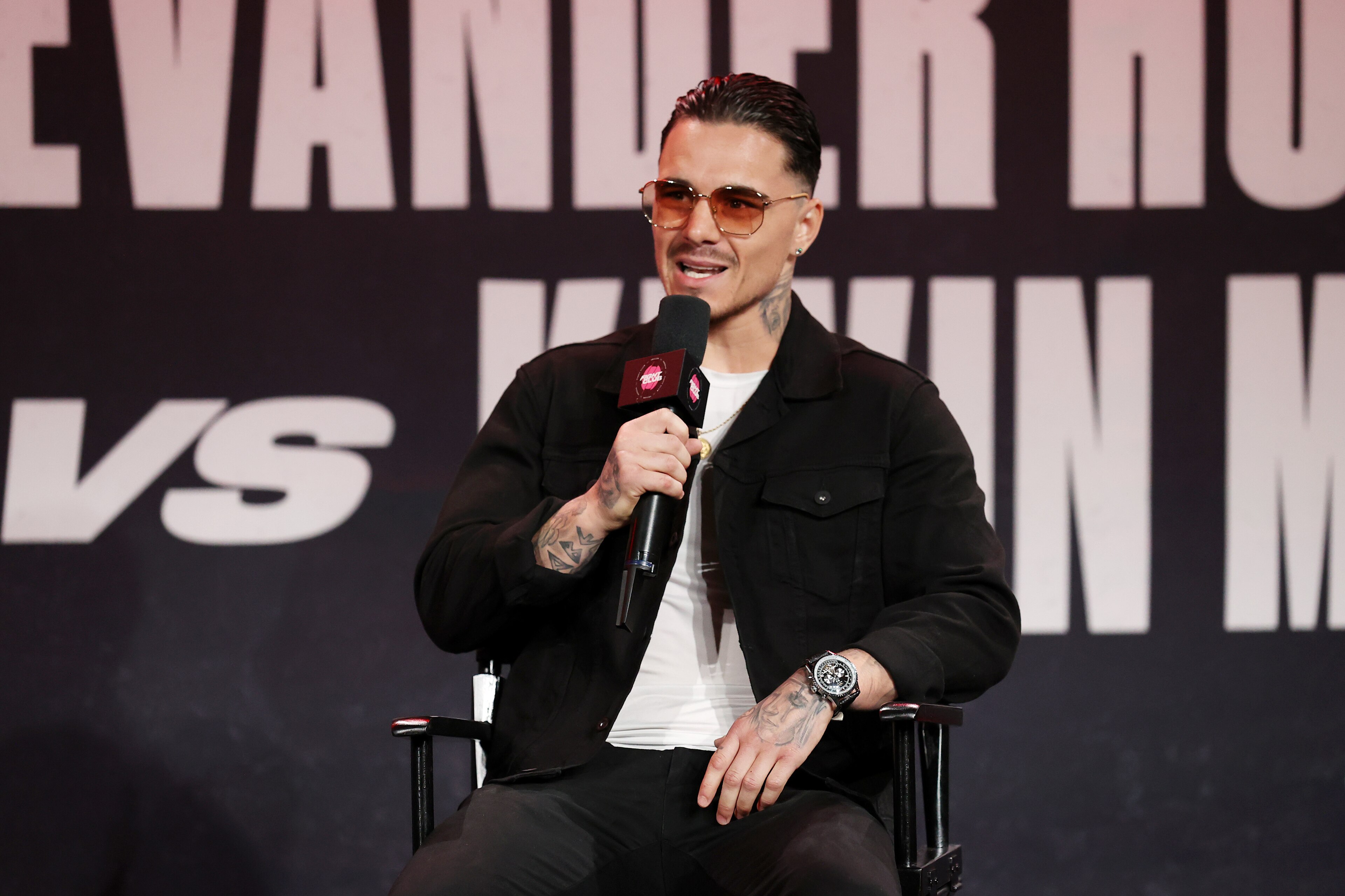 ATLANTA, GEORGIA - APRIL 16: George Kambosos Jr. speaks during a press conference for Triller Fight Club at Mercedes-Benz Stadium on April 16, 2021 in Atlanta, Georgia ahead of his June 5 lightweight title fight against Teofimo Lopez. (Photo by Al Bello/Getty Images for Triller)