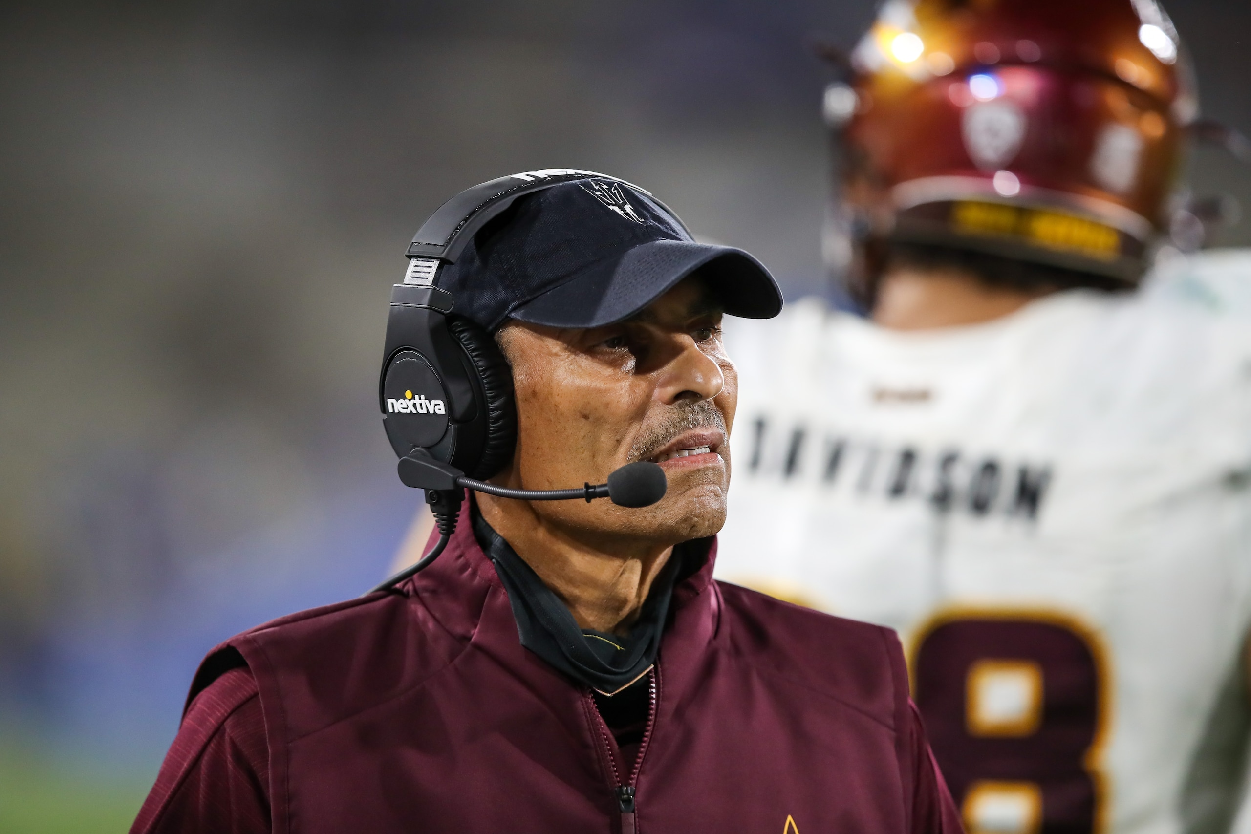 PASADENA, CA - OCTOBER 02: Arizona State Sun Devils head coach Herm Edwards during the college football game between the Arizona State Sun Devils and the UCLA Bruins on October 02, 2021, at the Rose Bowl in Pasadena, CA. (Photo by Jevone Moore/Icon Sportswire via Getty Images)