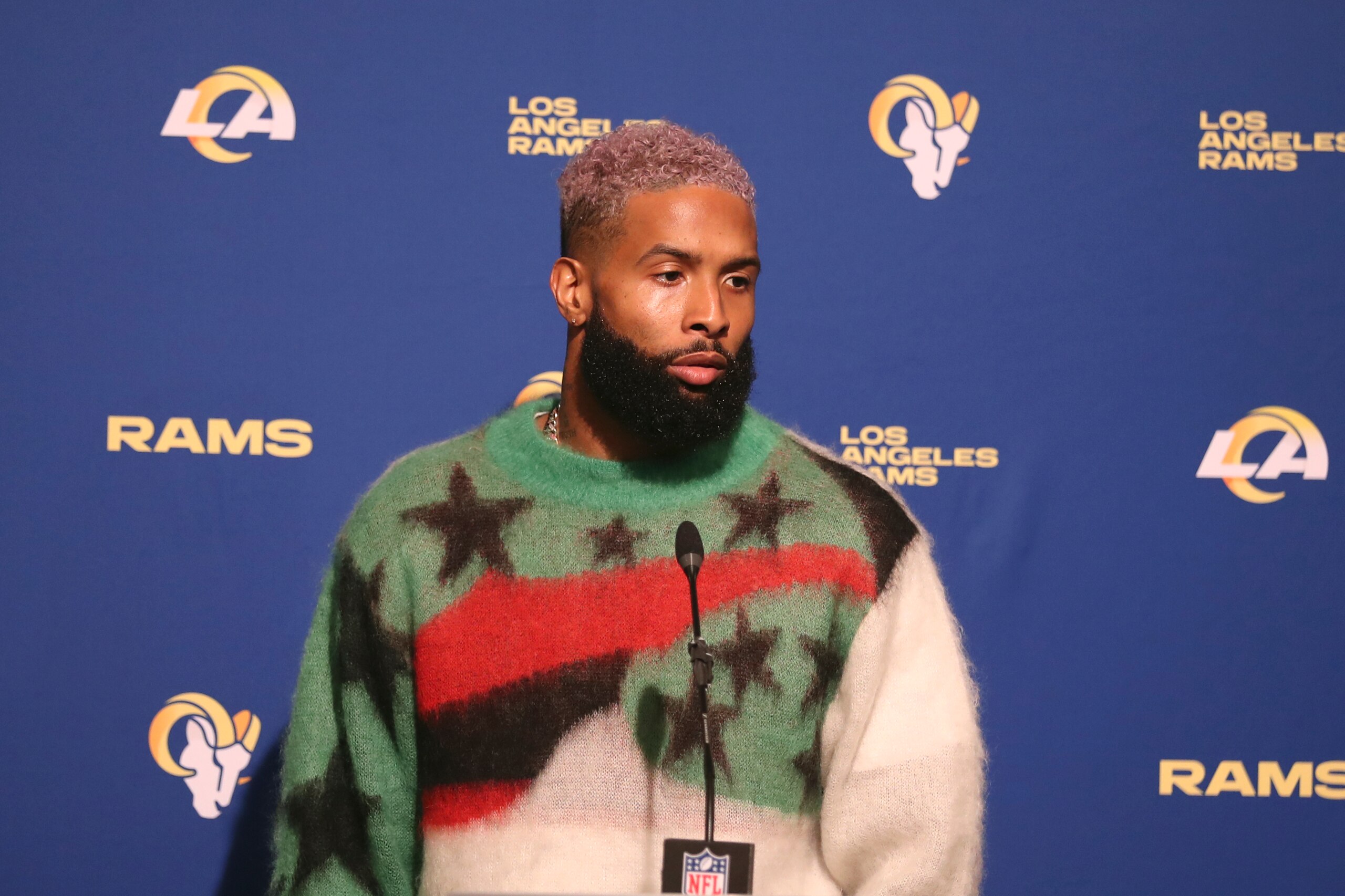 Los Angeles Rams wide receiver Odell Beckham Jr. speaks after an NFL football game against the San Francisco 49ers in Santa Clara, Calif., Monday, Nov. 15, 2021. (AP Photo/Jed Jacobsohn)