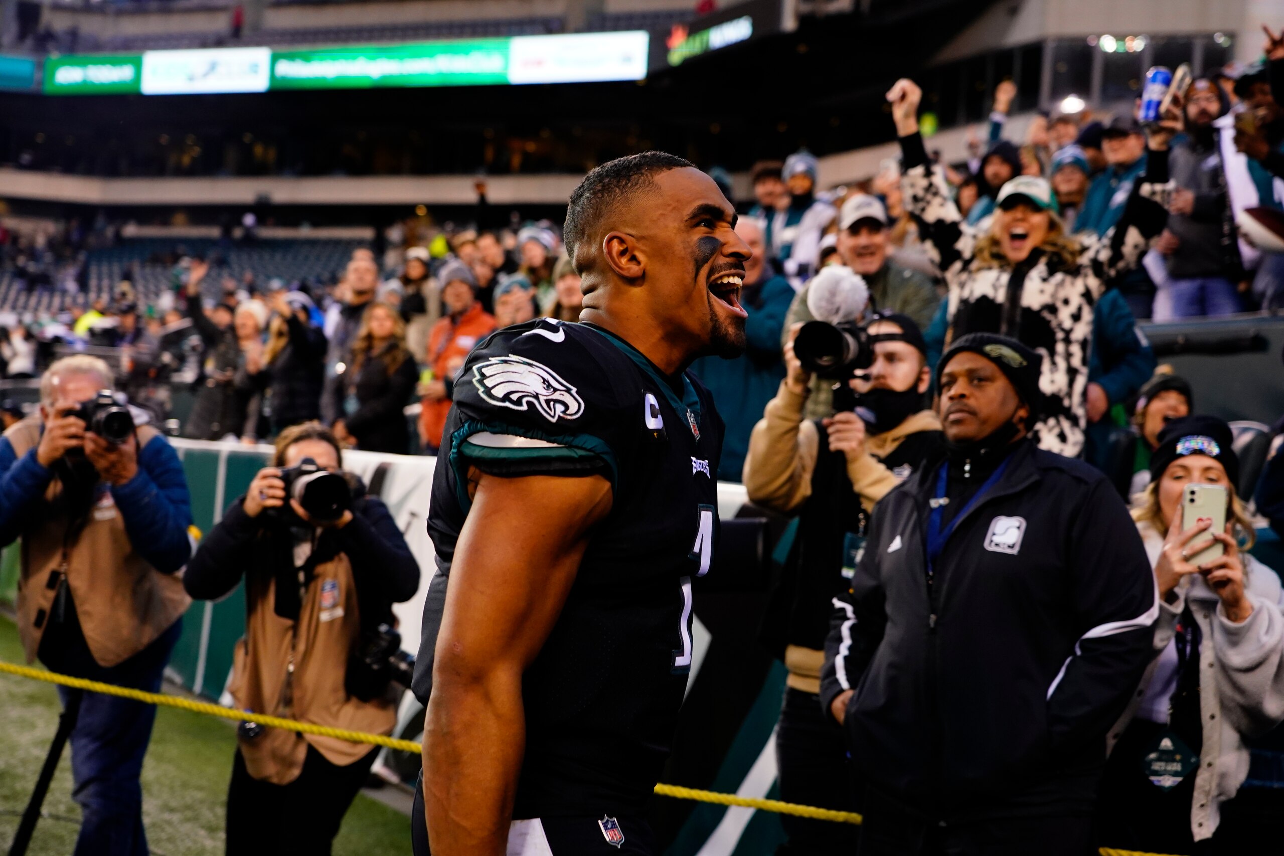 Philadelphia Eagles' Jalen Hurts celebrates after an NFL football game against the New Orleans Saints, Sunday, Nov. 21, 2021, in Philadelphia. (AP Photo/Derik Hamilton)