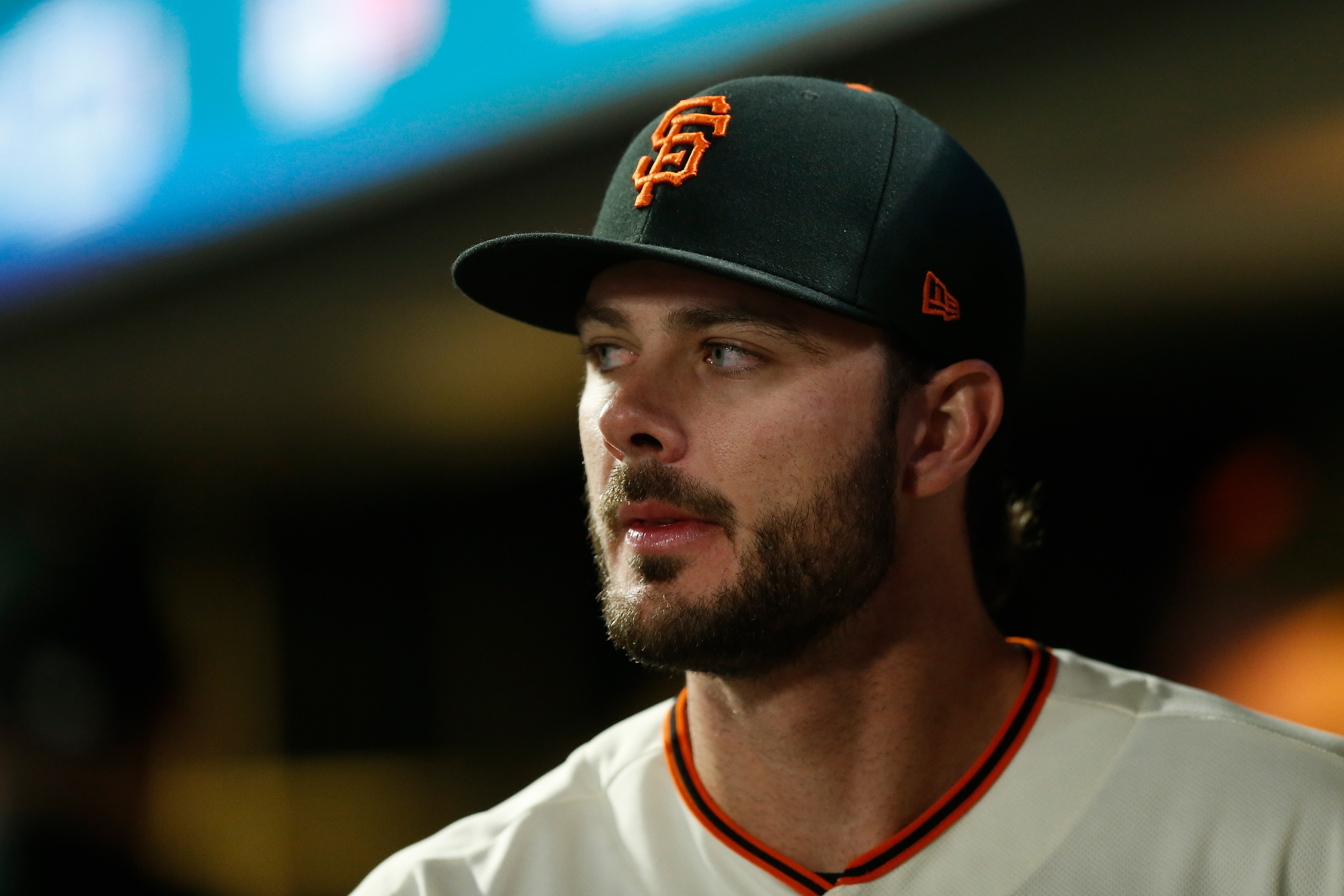 SAN FRANCISCO, CA - OCTOBER 14: Kris Bryant #23 of the San Francisco Giants looks on from the dugout during Game 5 of the NLDS between the Los Angeles Dodgers and the San Francisco Giants at Oracle Park on Thursday, October 14, 2021 in San Francisco, California. (Photo by Lachlan Cunningham/MLB Photos via Getty Images)