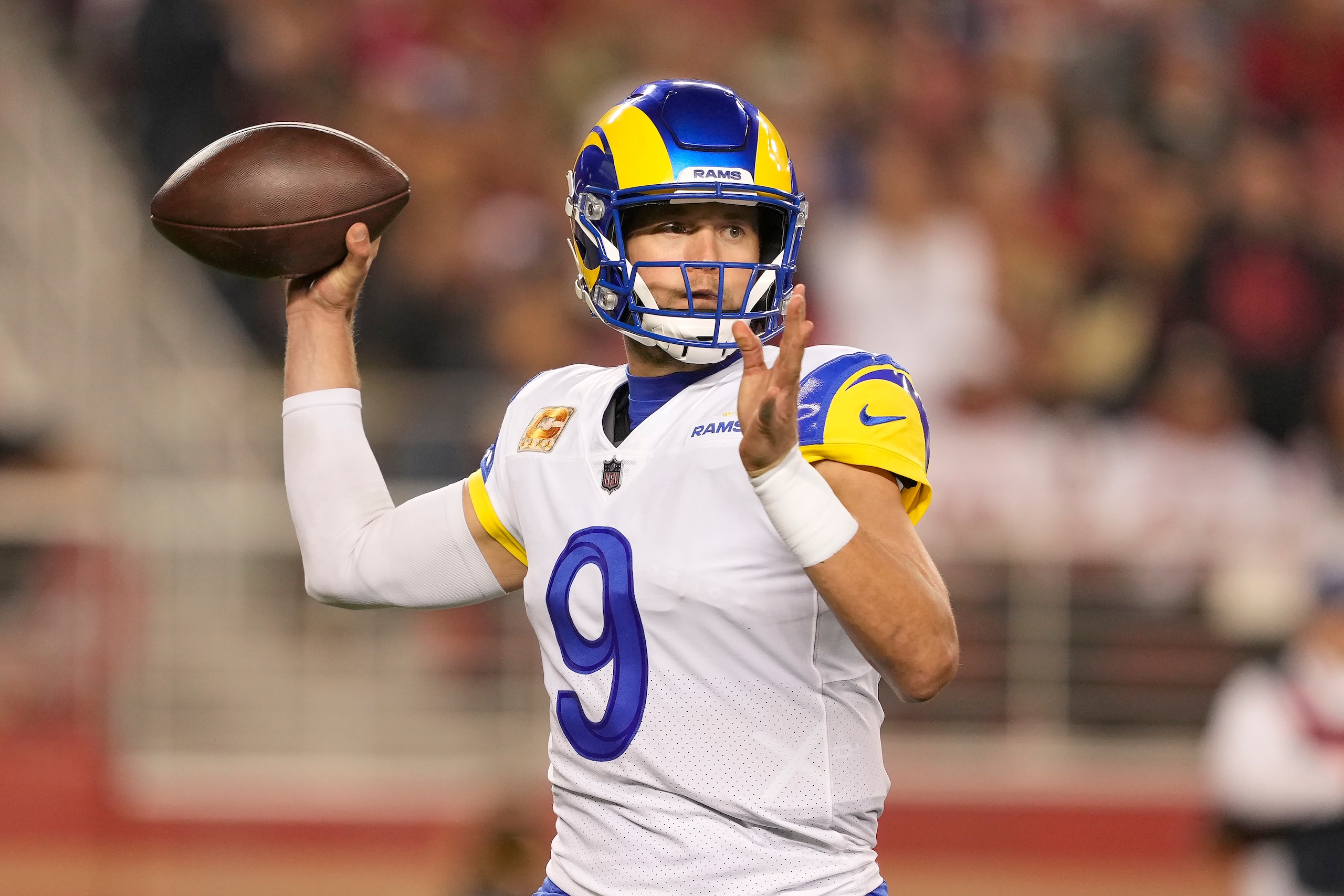 Los Angeles Rams quarterback Matthew Stafford (9) passes against the San Francisco 49ers during the second half of an NFL football game in Santa Clara, Calif., Monday, Nov. 15, 2021. (AP Photo/Tony Avelar)