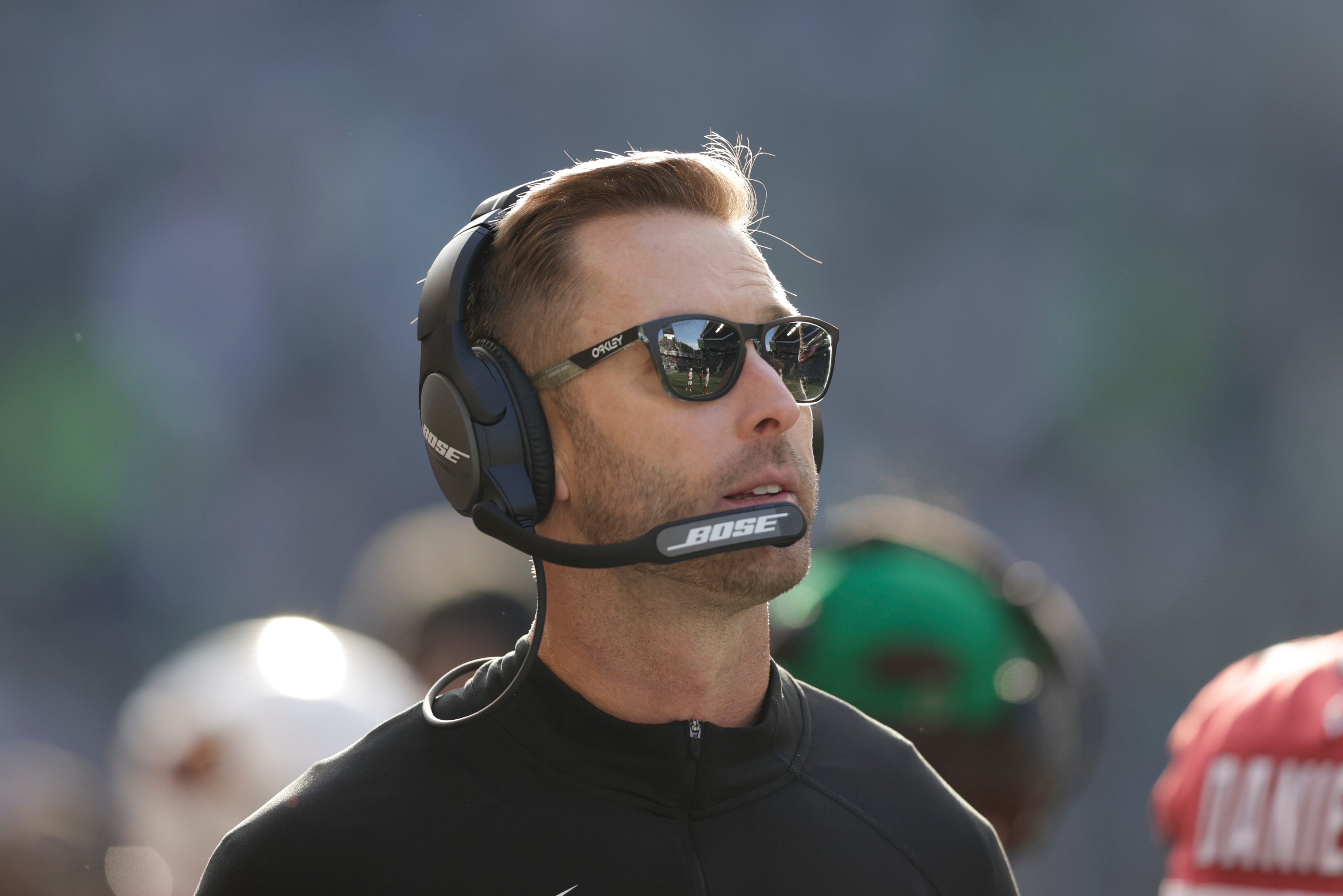 Arizona Cardinals head coach Kliff Kingsbury looks on against the Seattle Seahawks during the first half of an NFL football game, Sunday, Nov. 21, 2021, in Seattle. (AP Photo/John Froschauer)