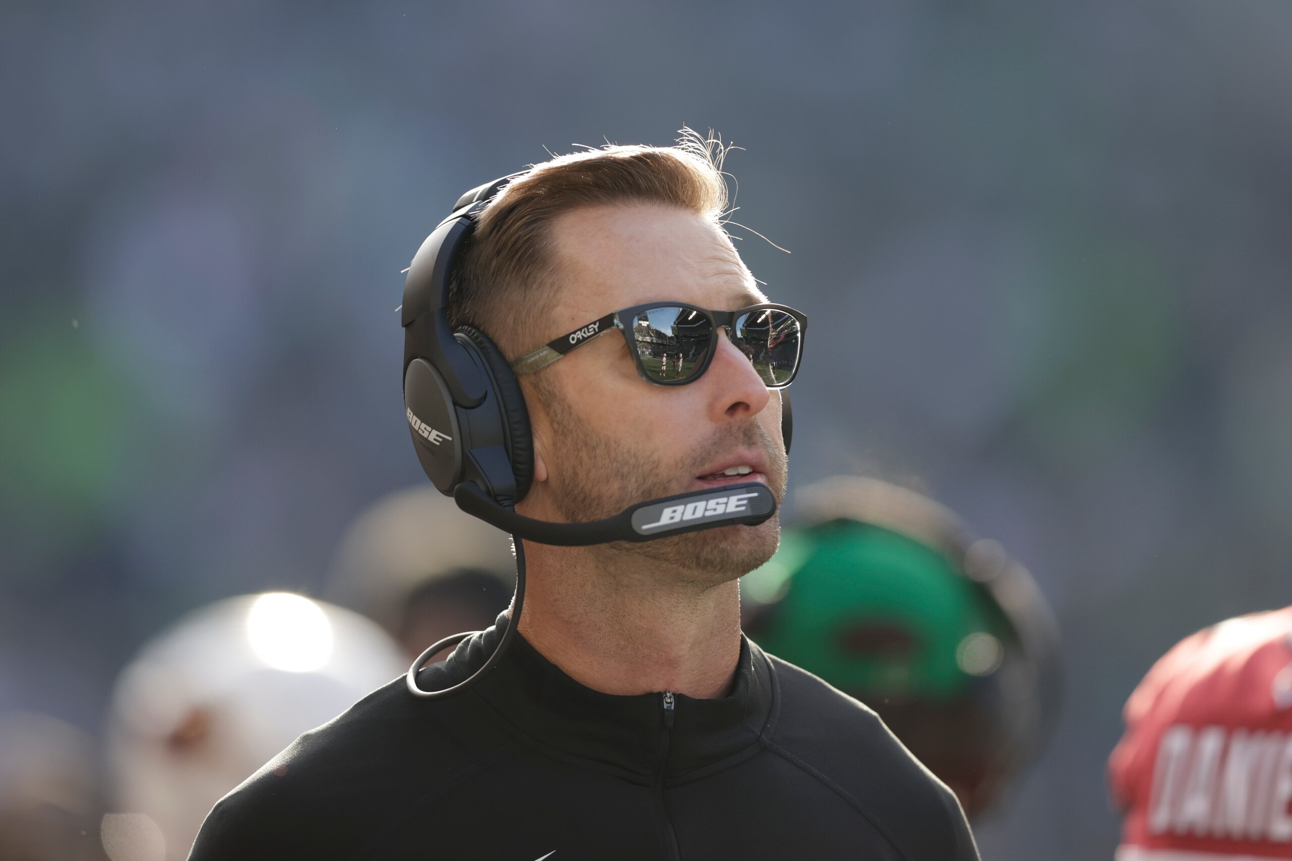 Arizona Cardinals head coach Kliff Kingsbury looks on against the Seattle Seahawks during the first half of an NFL football game, Sunday, Nov. 21, 2021, in Seattle. (AP Photo/John Froschauer)