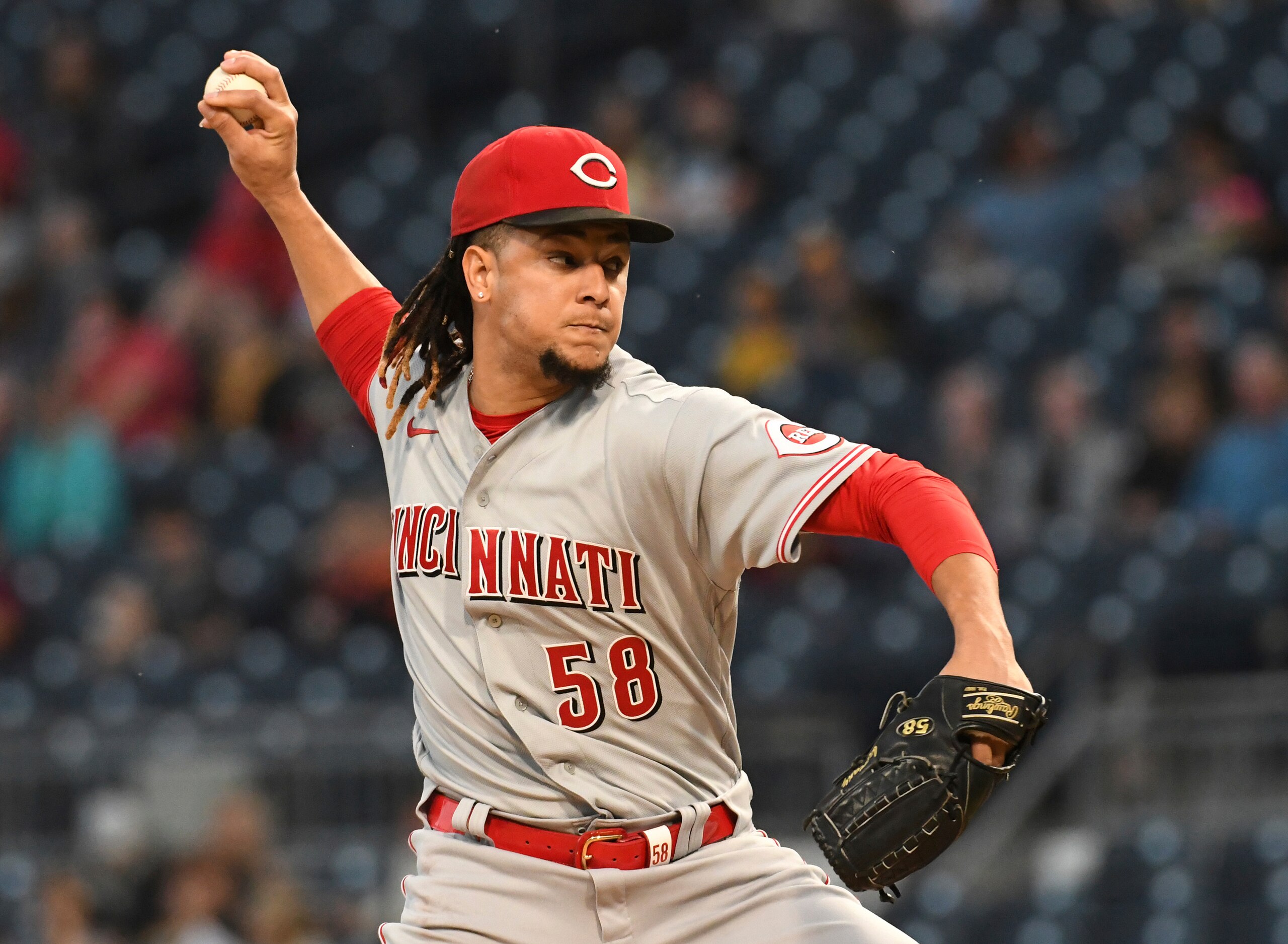 Cincinnati Reds starter Luis Castillo (58) throws a first-inning pitch against the Pittsburgh Pirates during a baseball game in Pittsburgh, Friday, Oct. 1, 2021. (AP Photo/Philip G. Pavely) Cincinnati Reds starter Luis Castillo (58) throws a first-inning pitch against the Pittsburgh Pirates during a baseball game in Pittsburgh, Friday, Oct. 1, 2021. (AP Photo/Philip G. Pavely)