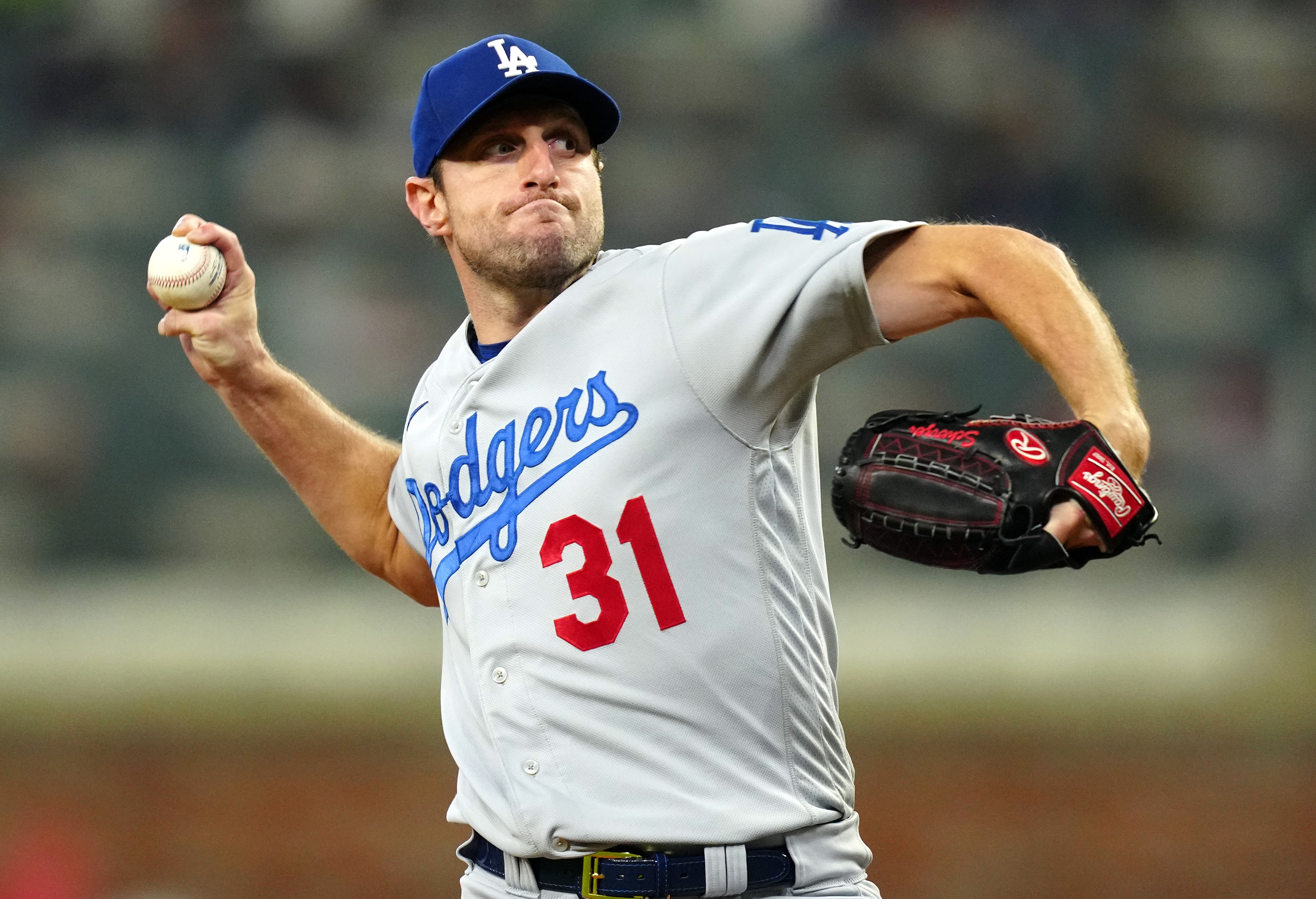 ATLANTA, GA - OCTOBER 17: Max Scherzer #31 of the Los Angeles Dodgers pitches during Game 2 of the NLCS between the Los Angeles Dodgers and the Atlanta Braves at Truist Park on Sunday, October 17, 2021 in Atlanta, Georgia. (Photo by Daniel Shirey/MLB Photos via Getty Images) ATLANTA, GA - OCTOBER 17: Max Scherzer #31 of the Los Angeles Dodgers pitches during Game 2 of the NLCS between the Los Angeles Dodgers and the Atlanta Braves at Truist Park on Sunday, October 17, 2021 in Atlanta, Georgia. (Photo by Daniel Shirey/MLB Photos via Getty Images)