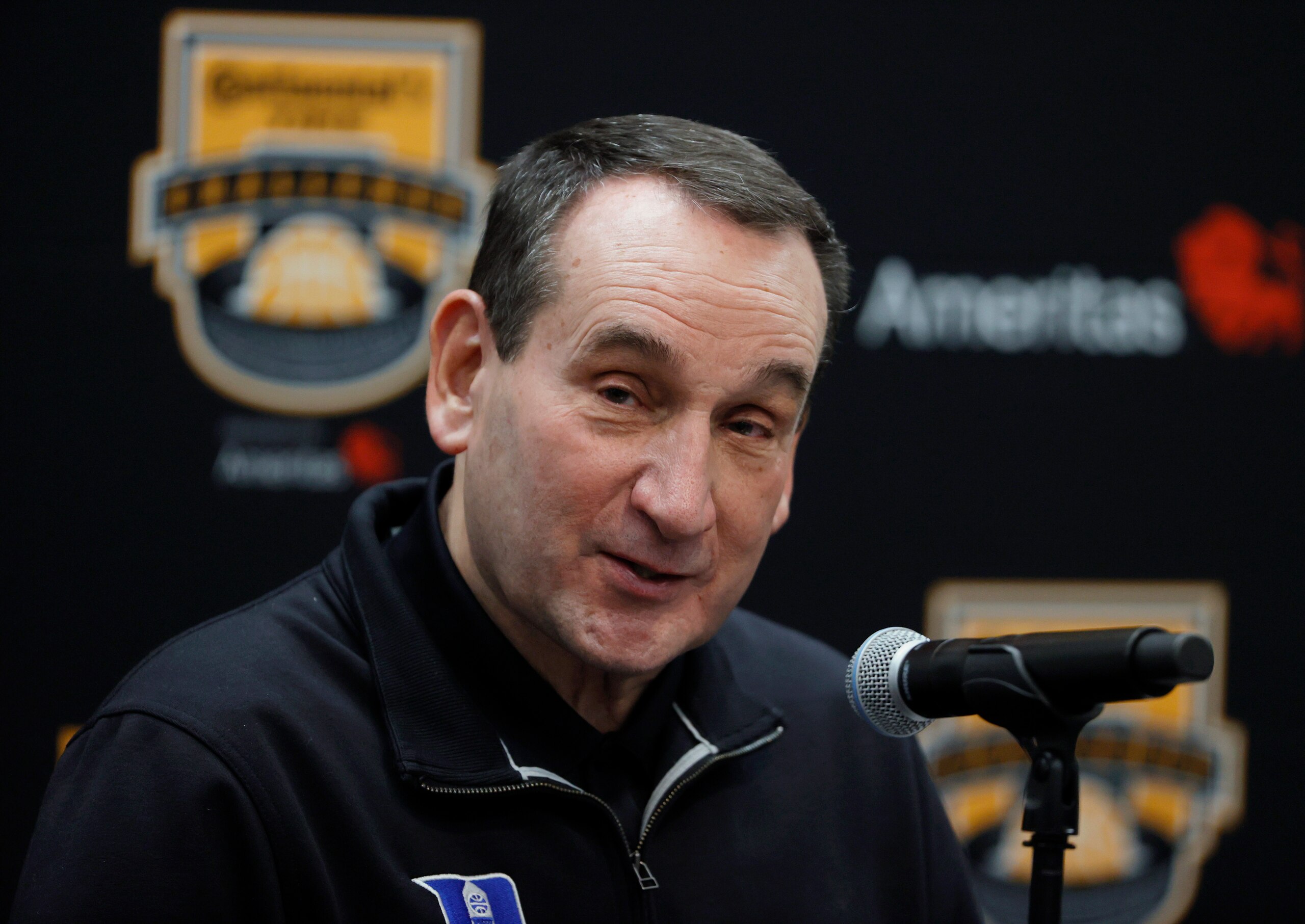 LAS VEGAS, NEVADA - NOVEMBER 26:  Head coach Mike Krzyzewski of the Duke Blue Devils speaks during a news conference after his team's 84-81 victory over the Gonzaga Bulldogs to win the Continental Tire Challenge at T-Mobile Arena on November 26, 2021 in Las Vegas, Nevada.  (Photo by Ethan Miller/Getty Images)