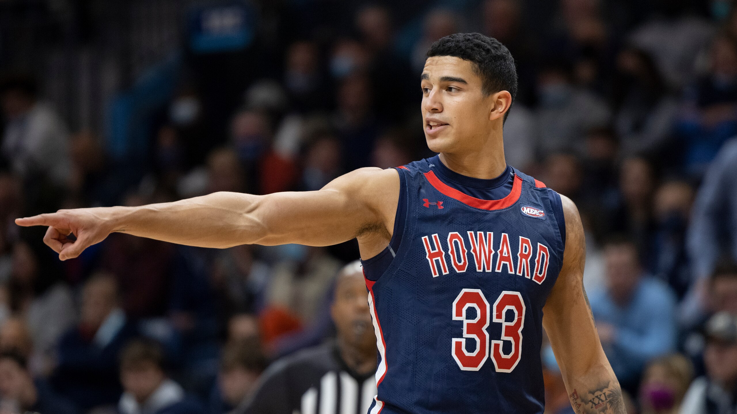 Howard forward Randall Brumant (20) in action during an NCAA college basketball game against Villanova, Tuesday, Nov. 16, 2021, in Villanova, Pa. (AP Photo/Laurence Kesterson)