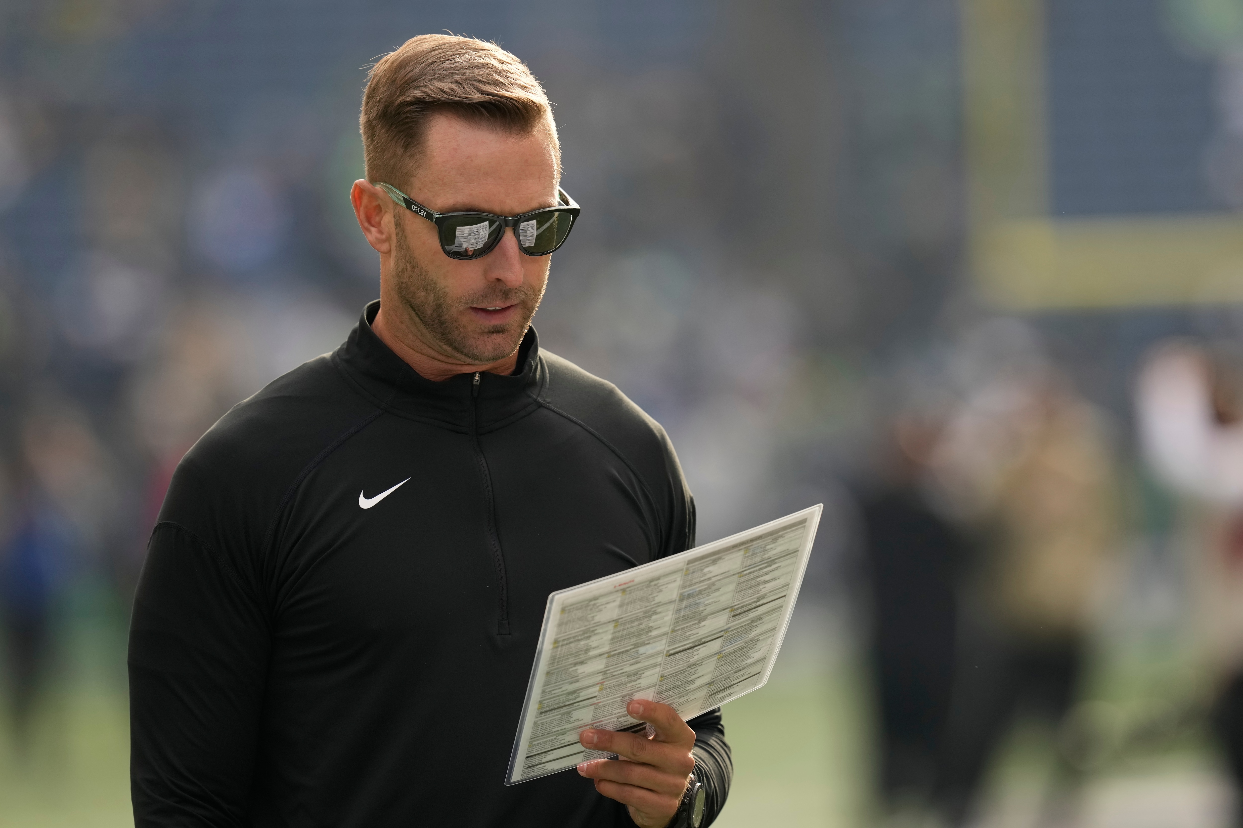 Arizona Cardinals head coach Kliff Kingsbury during pre-game at an NFL football game against the Seattle Seahawks, Sunday, Nov. 21, 2021, in Seattle. The Cardinals won 23-13. (AP Photo/Ben VanHouten)