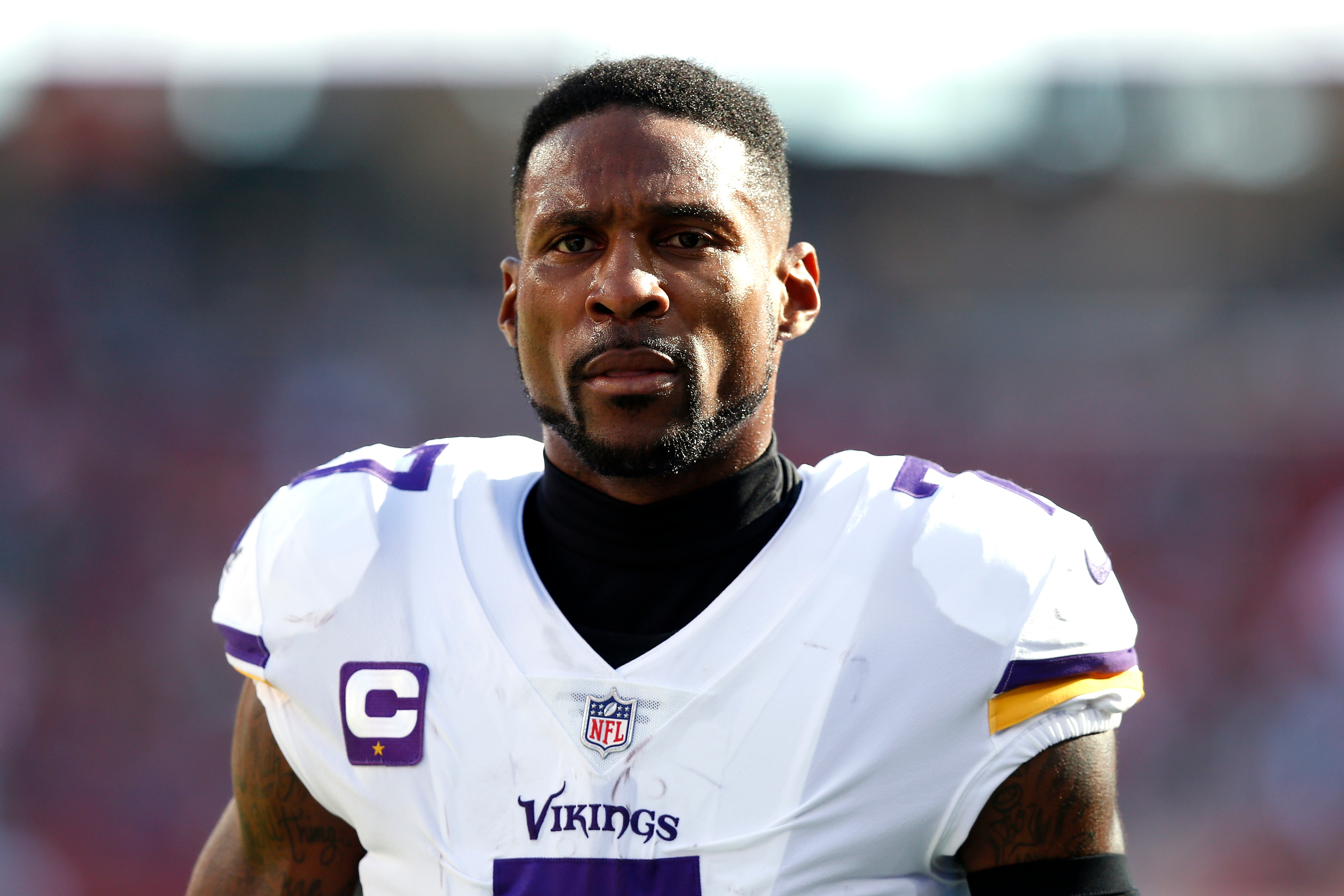 SANTA CLARA, CALIFORNIA - NOVEMBER 28: Patrick Peterson #7 of the Minnesota Vikings looks on during warm-up before the game against the San Francisco 49ers at Levi's Stadium on November 28, 2021 in Santa Clara, California. (Photo by Lachlan Cunningham/Getty Images)