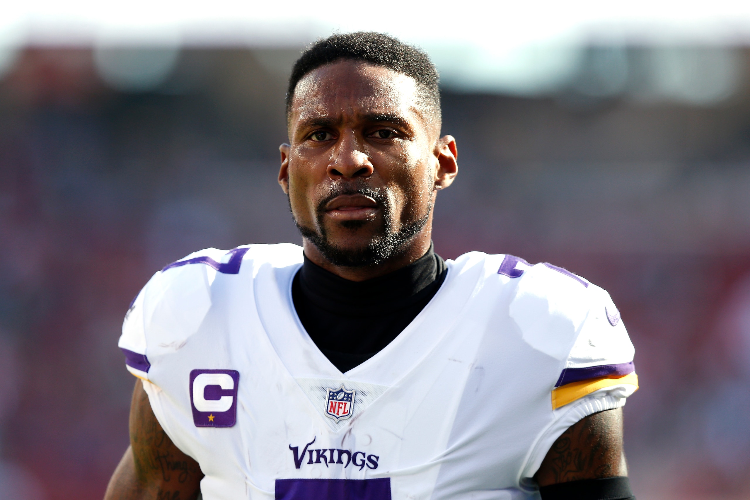SANTA CLARA, CALIFORNIA - NOVEMBER 28: Patrick Peterson #7 of the Minnesota Vikings looks on during warm-up before the game against the San Francisco 49ers at Levi's Stadium on November 28, 2021 in Santa Clara, California. (Photo by Lachlan Cunningham/Getty Images)
