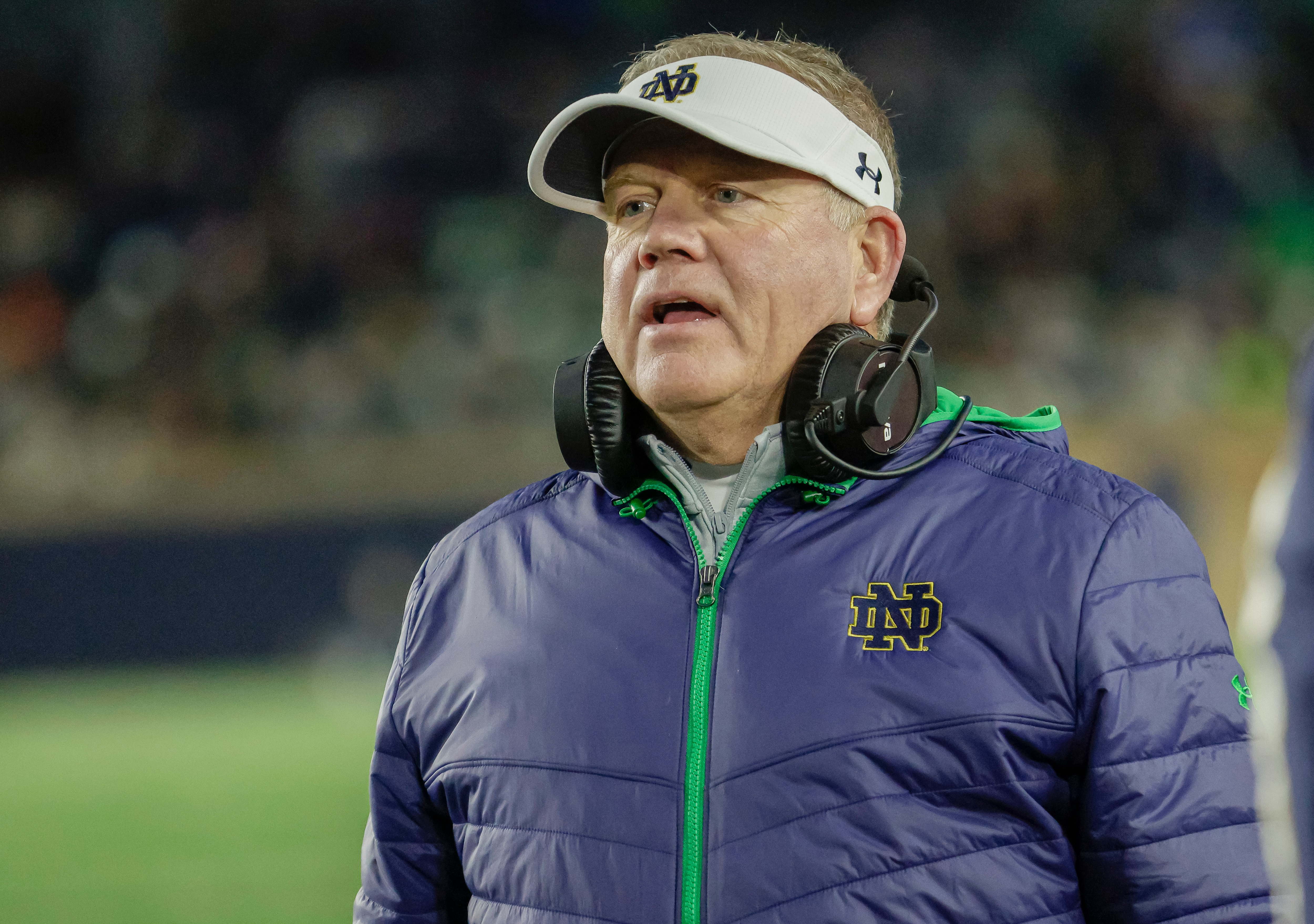 SOUTH BEND, IN - NOVEMBER 20: Head coach Brian Kelly of the Notre Dame Fighting Irish is seen during the game against the Georgia Tech Yellow Jackets at Notre Dame Stadium on November 20, 2021 in South Bend, Indiana. (Photo by Michael Hickey/Getty Images)