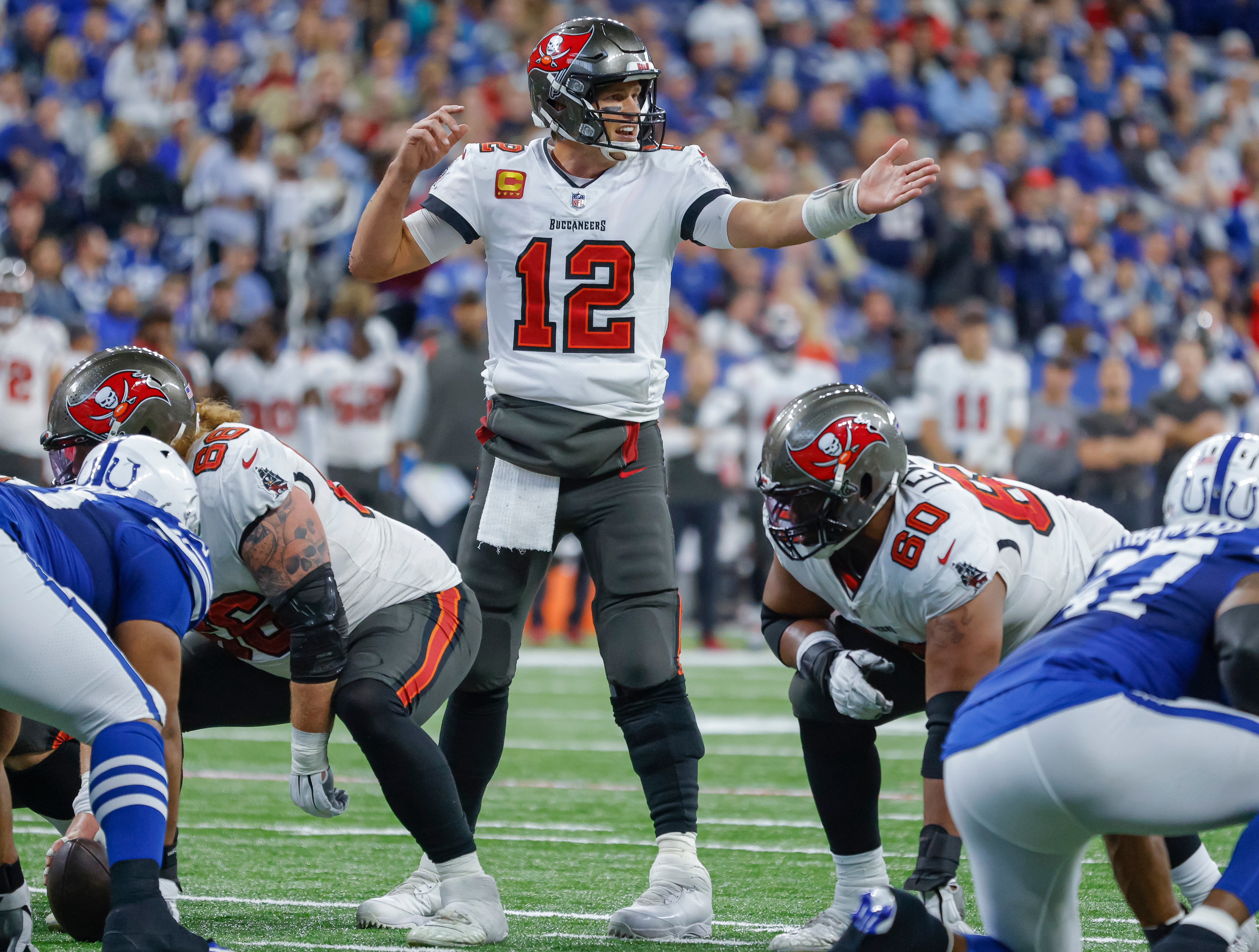 INDIANAPOLIS, IN - NOVEMBER 28: Tom Brady #12 of the Tampa Bay Buccaneers is seen during the game against the Indianapolis Colts at Lucas Oil Stadium on November 28, 2021 in Indianapolis, Indiana. (Photo by Michael Hickey/Getty Images)