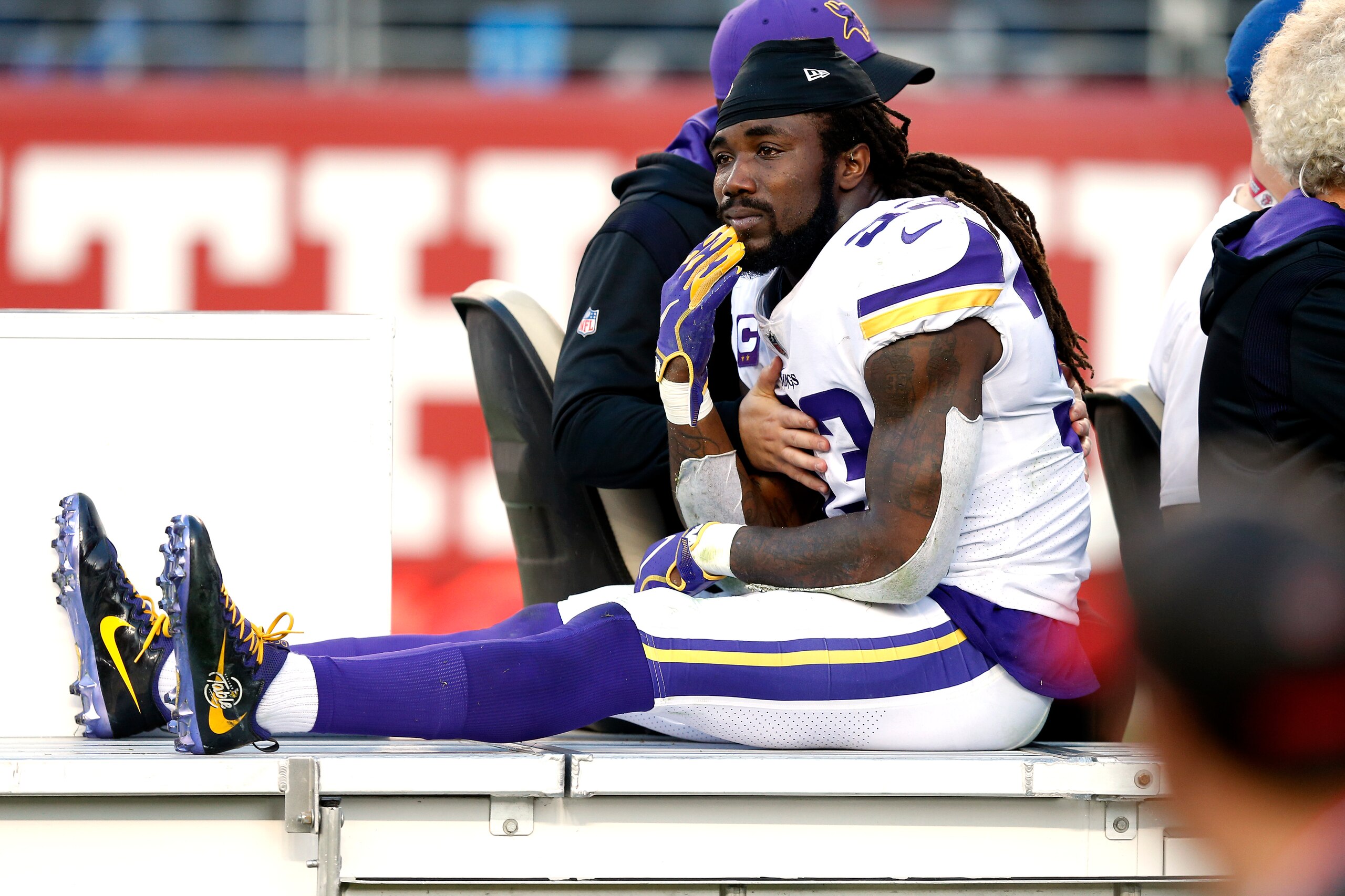 SANTA CLARA, CALIFORNIA - NOVEMBER 28: Dalvin Cook #33 of the Minnesota Vikings is carted off the field after being injured in the third quarter of the game against the San Francisco 49ers at Levi's Stadium on November 28, 2021 in Santa Clara, California. (Photo by Lachlan Cunningham/Getty Images)